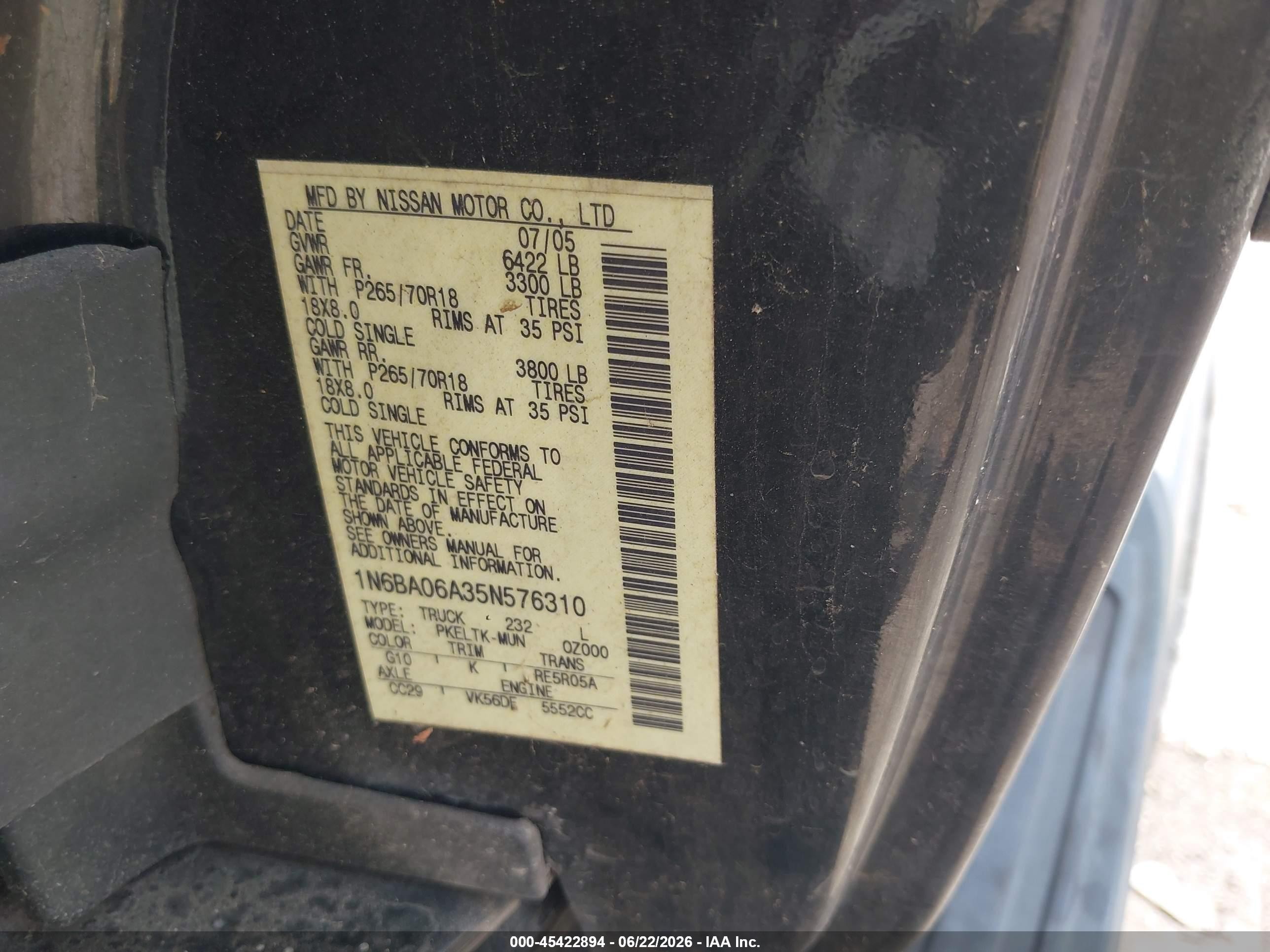 2005 Nissan Titan Se Black vin: 1N6BA06A35N576310