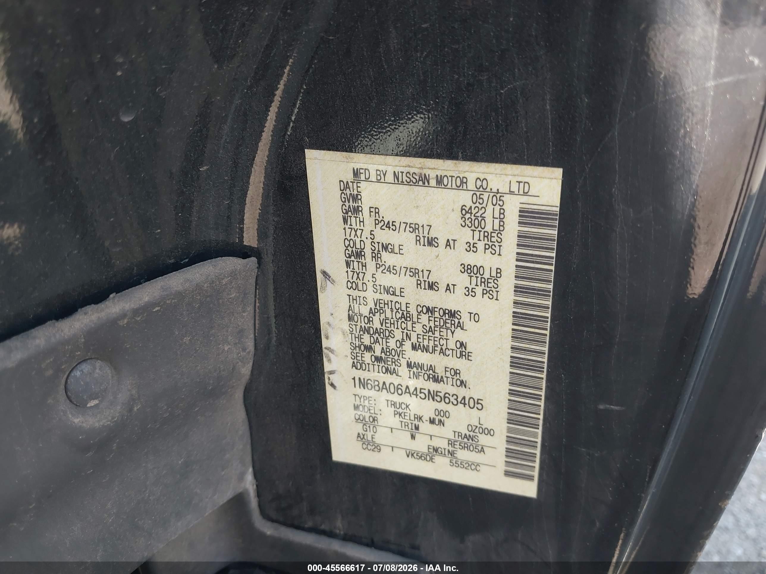 2005 Nissan Titan Xe Black vin: 1N6BA06A45N563405