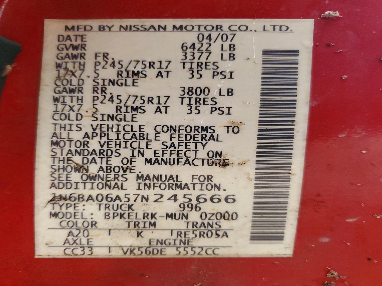2007 Nissan Titan Xe Ffv Red vin: 1N6BA06A57N245666
