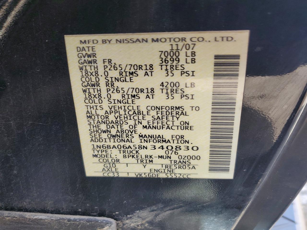 2008 Nissan Titan Xe/se/le Черный vin: 1N6BA06A58N340830