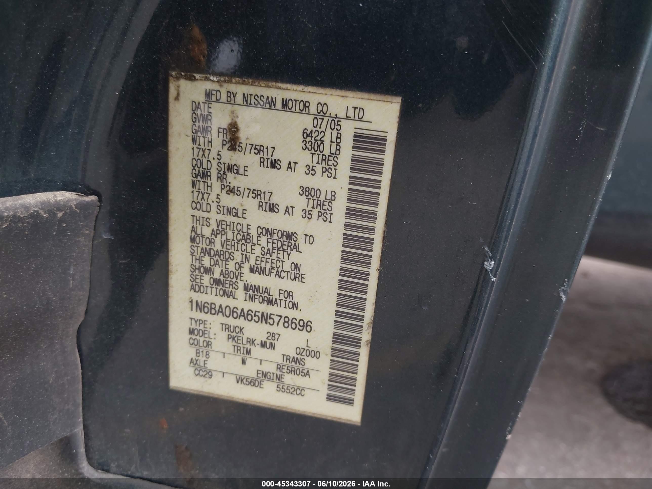 2005 Nissan Titan Xe Green vin: 1N6BA06A65N578696