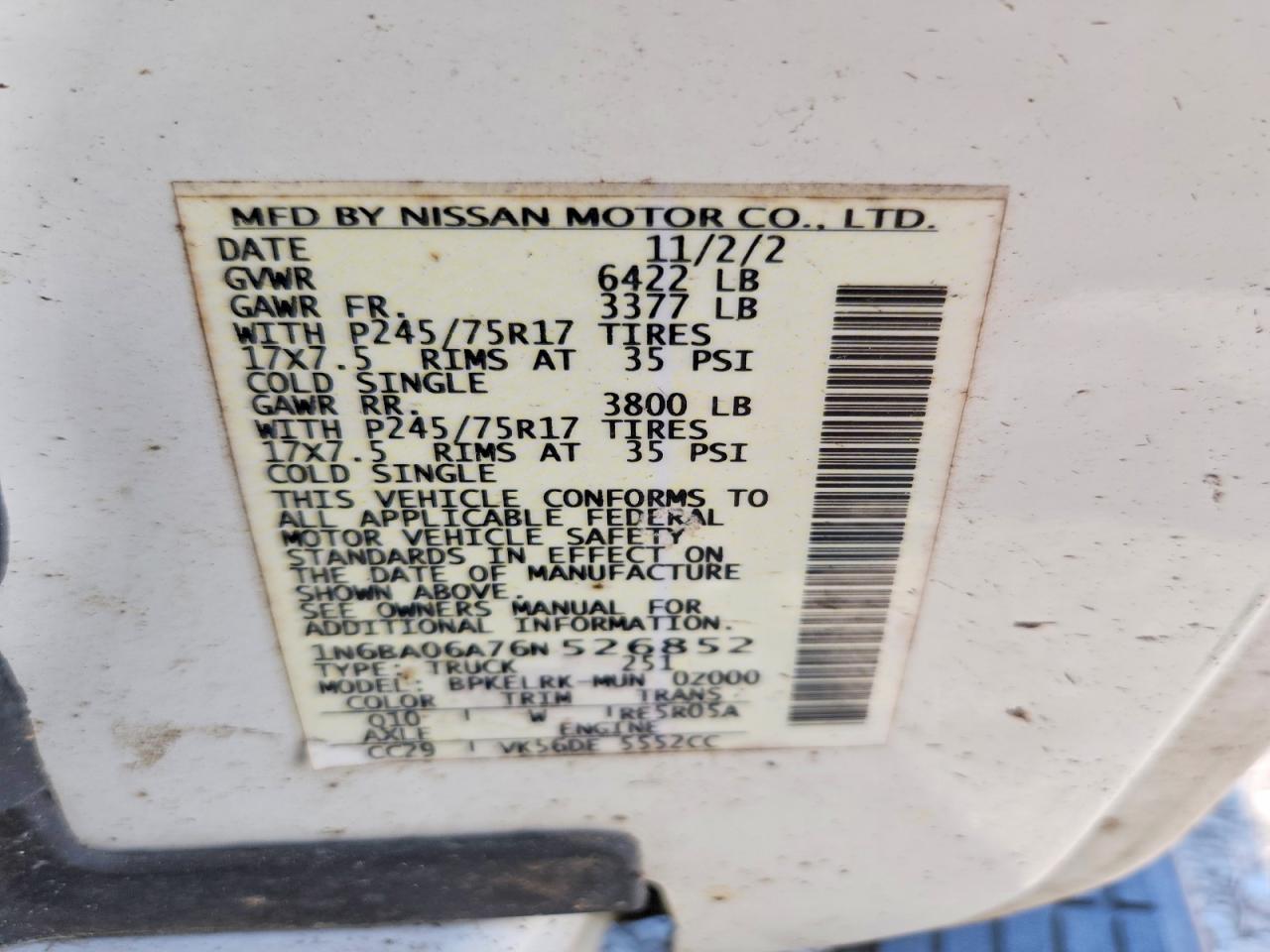 2006 Nissan Titan Xe Ffv White vin: 1N6BA06A76N526852