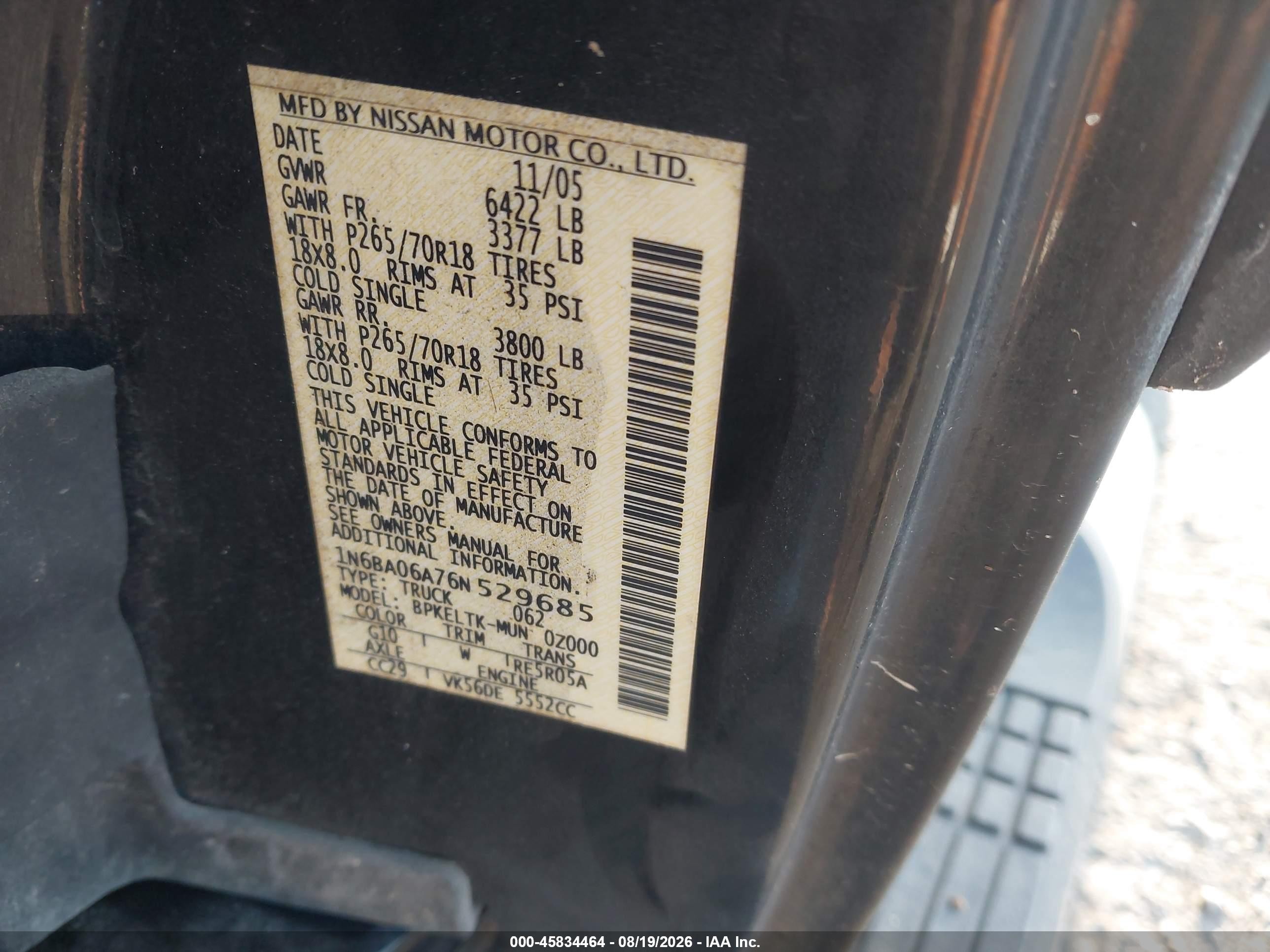 2006 Nissan Titan Se Black vin: 1N6BA06A76N529685
