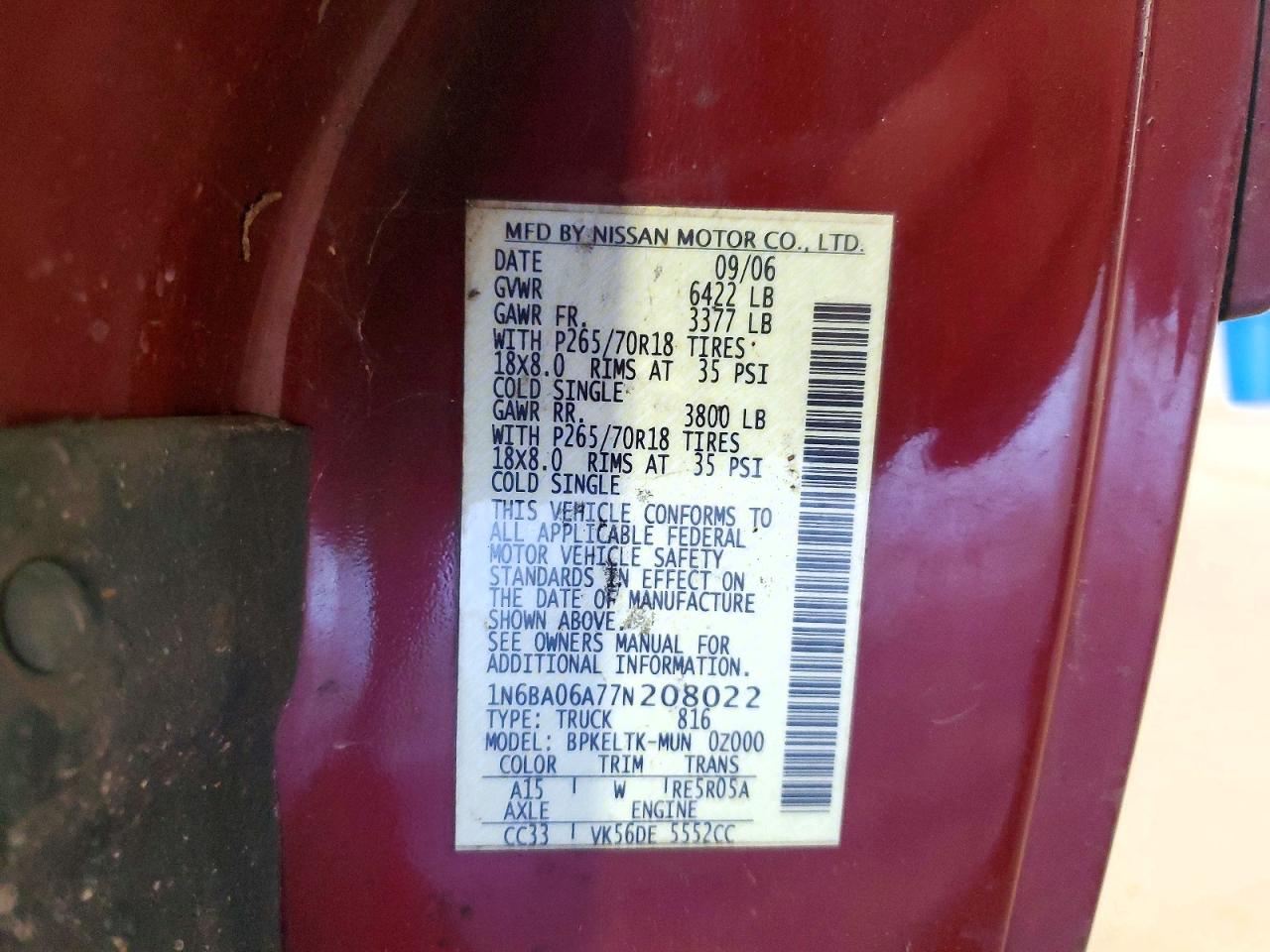 2007 Nissan Titan Xe Ffv Maroon vin: 1N6BA06A77N208022