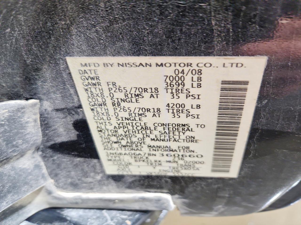 2008 Nissan Titan Xe Ffv Black vin: 1N6BA06A78N360660
