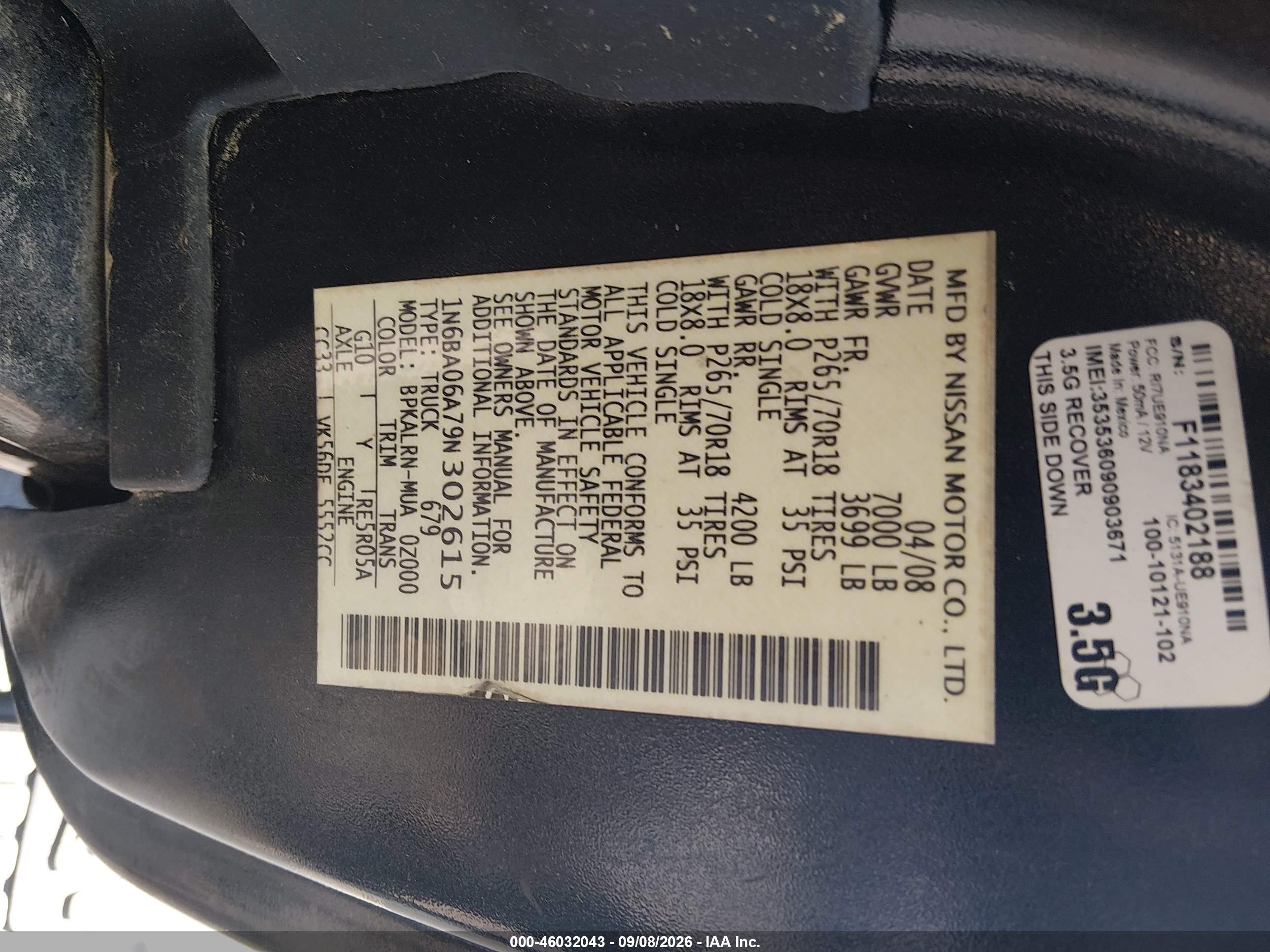 2009 Nissan Titan Xe Black vin: 1N6BA06A79N302615