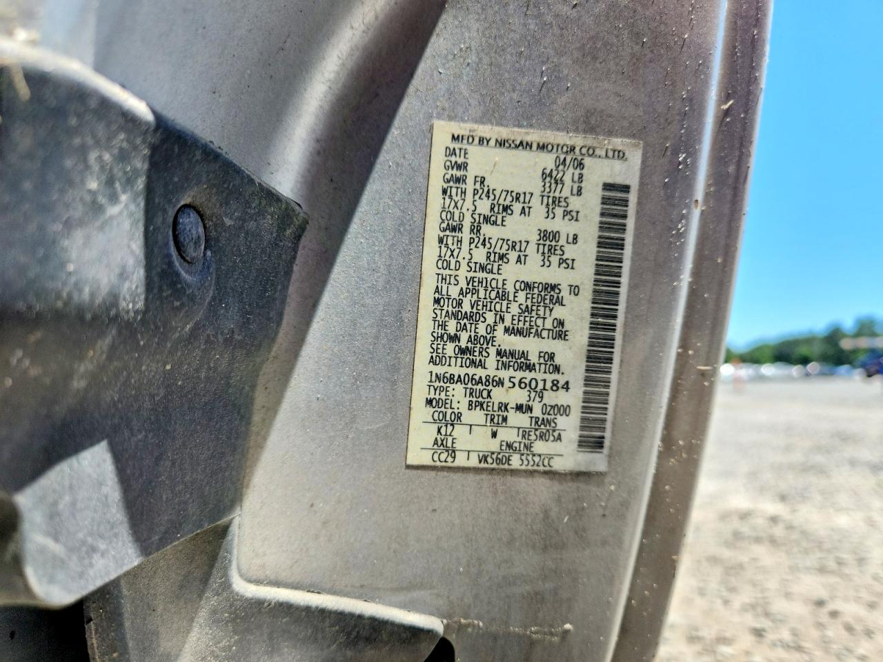 2006 Nissan Titan Xe Ffv Silver vin: 1N6BA06A86N560184