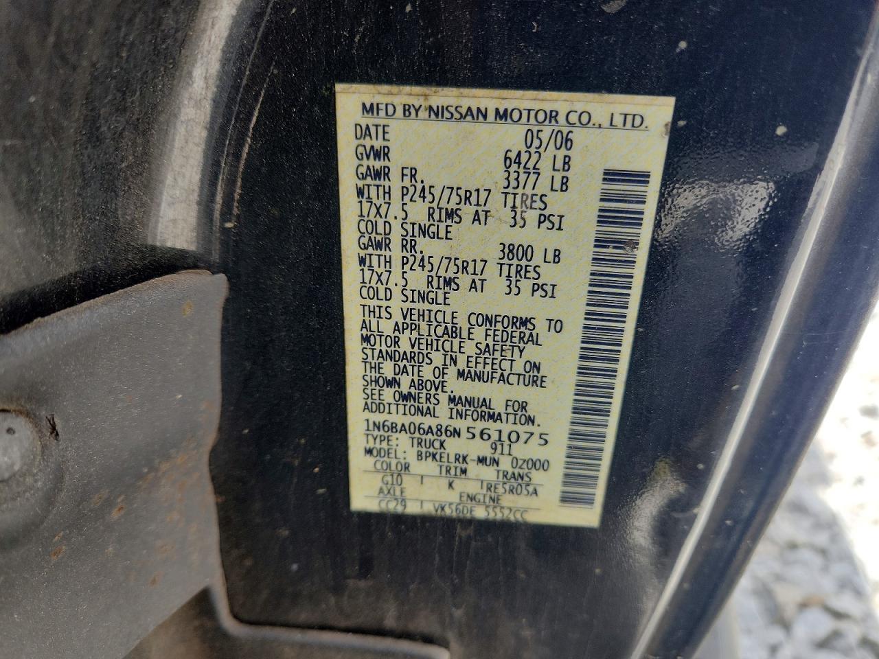 2006 Nissan Titan Xe Ffv Black vin: 1N6BA06A86N561075
