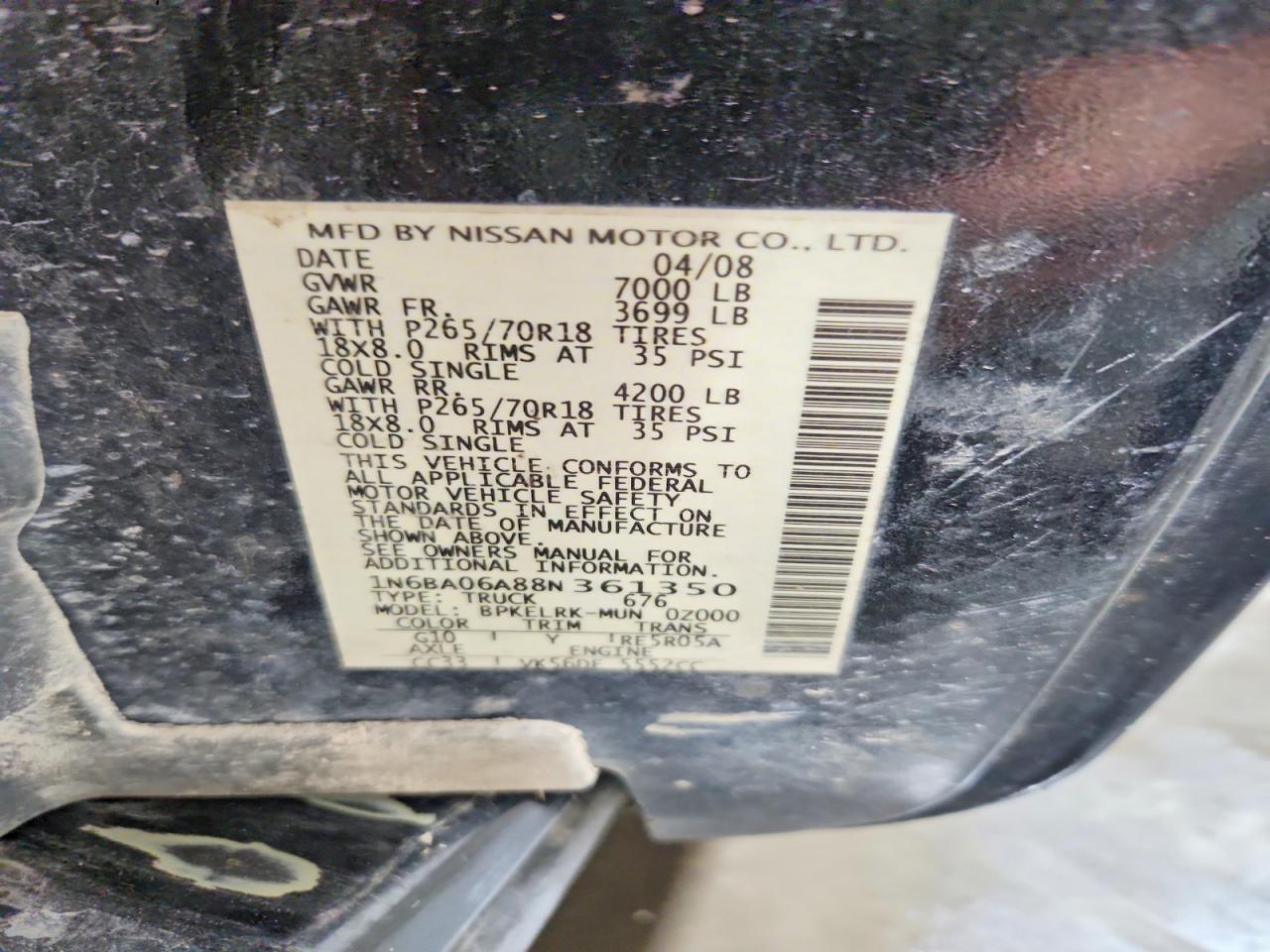 2008 Nissan Titan Xe Ffv Черный vin: 1N6BA06A88N361350