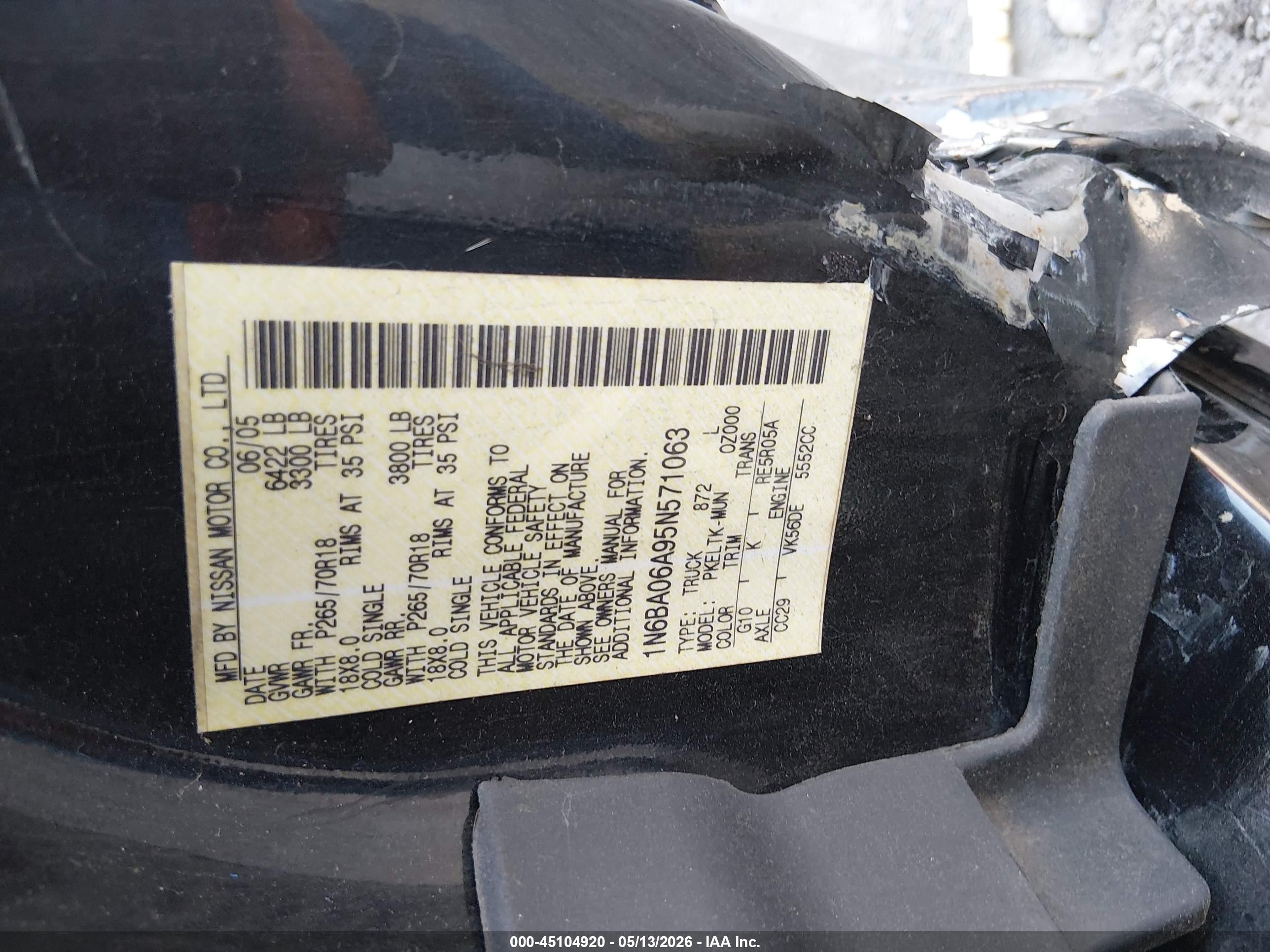 2005 Nissan Titan Se Black vin: 1N6BA06A95N571063