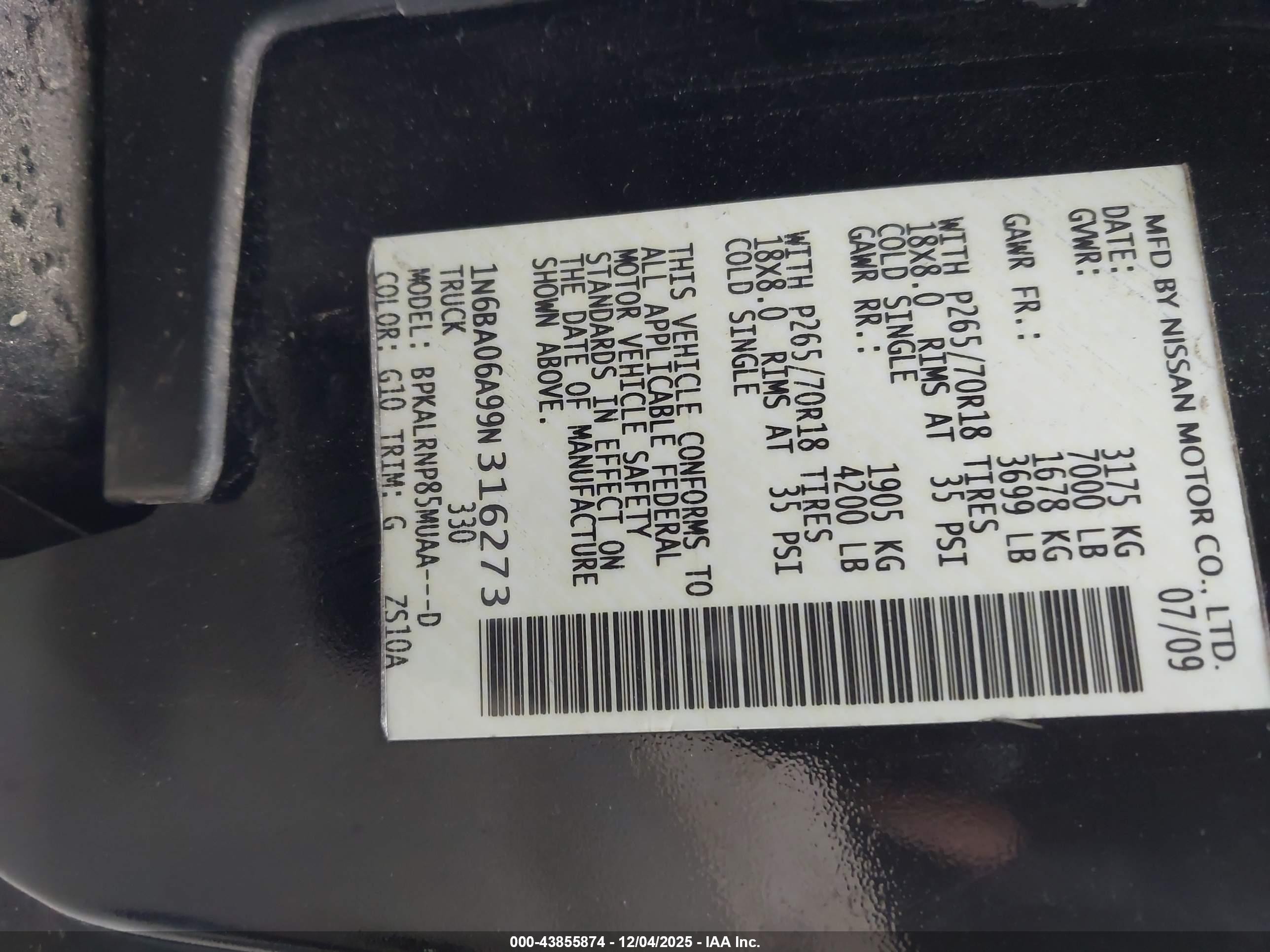 2009 Nissan Titan Xe Black vin: 1N6BA06A99N316273