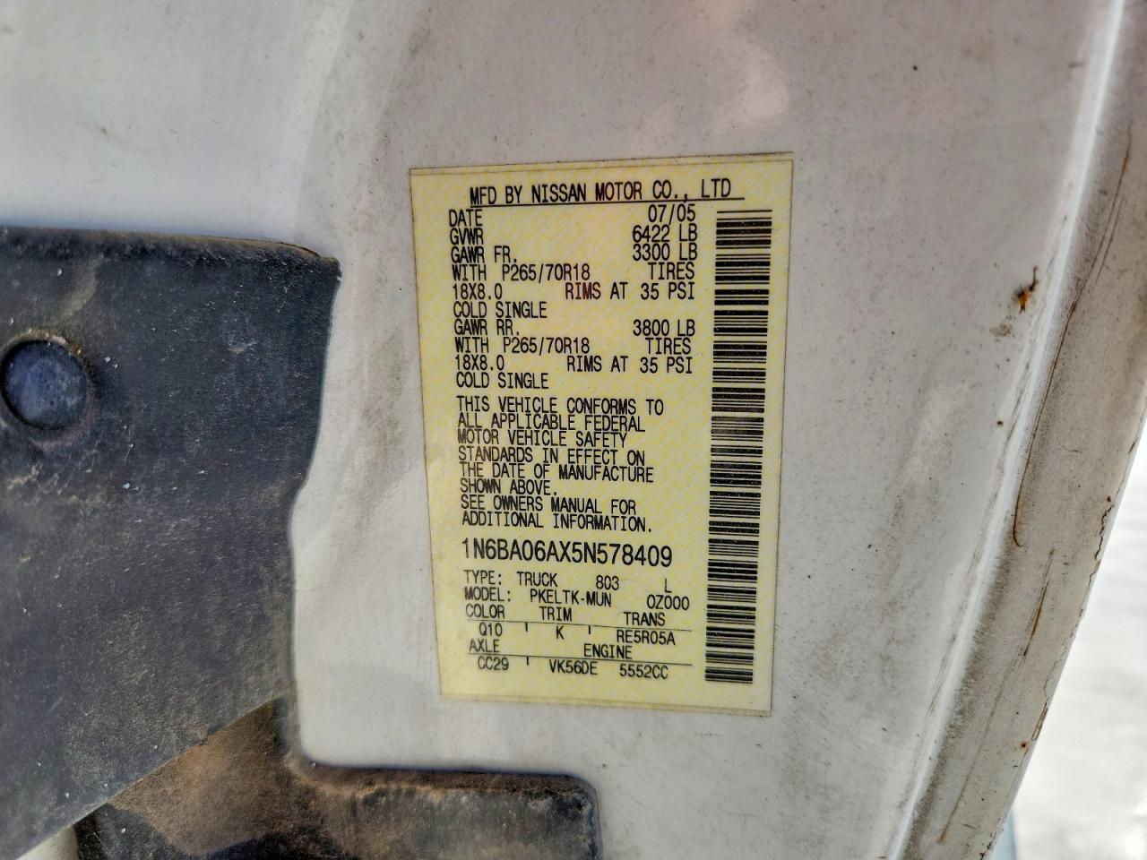 2005 Nissan Titan Xe White vin: 1N6BA06AX5N578409