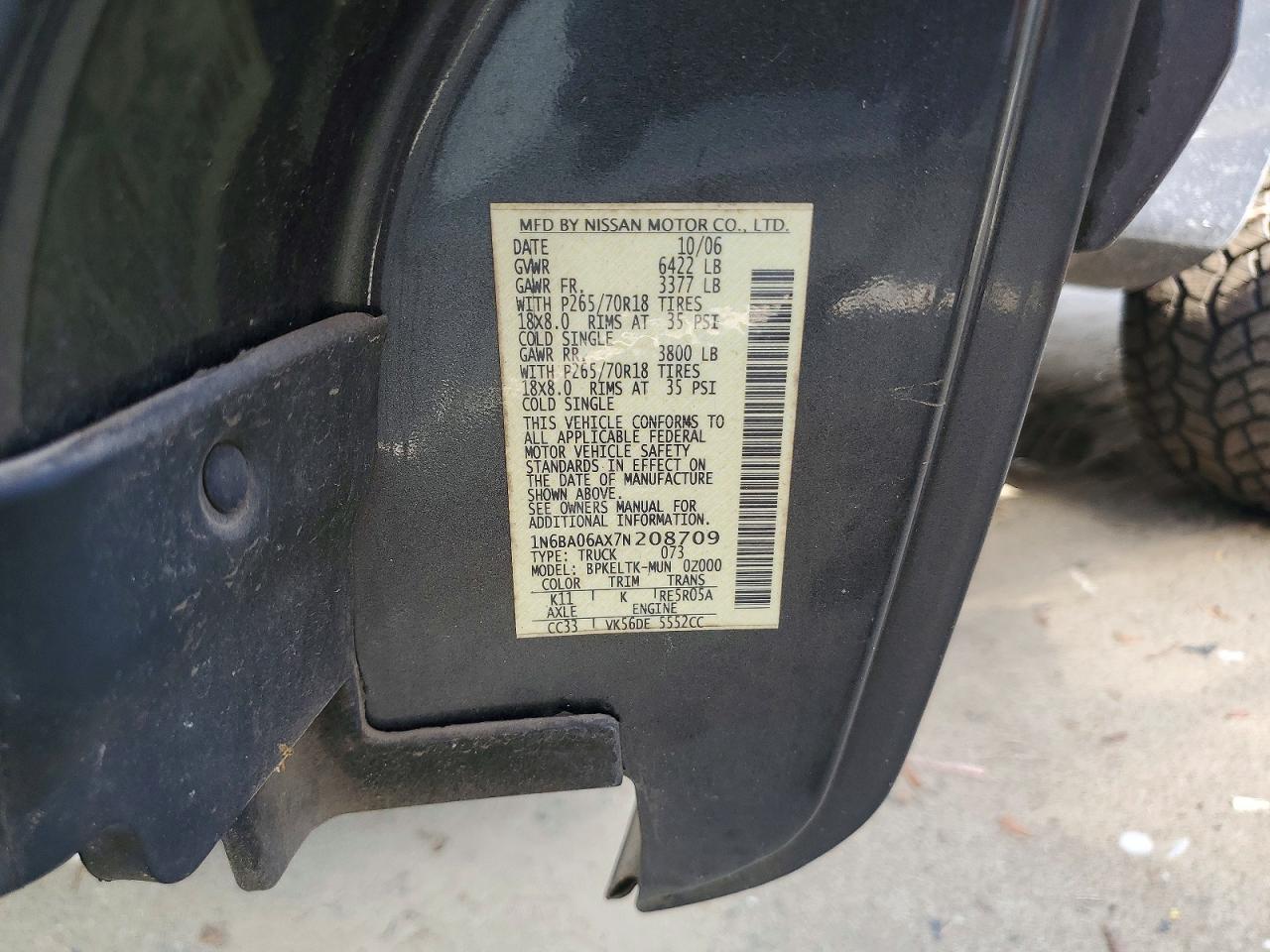 2007 Nissan Titan Xe Ffv Charcoal vin: 1N6BA06AX7N208709