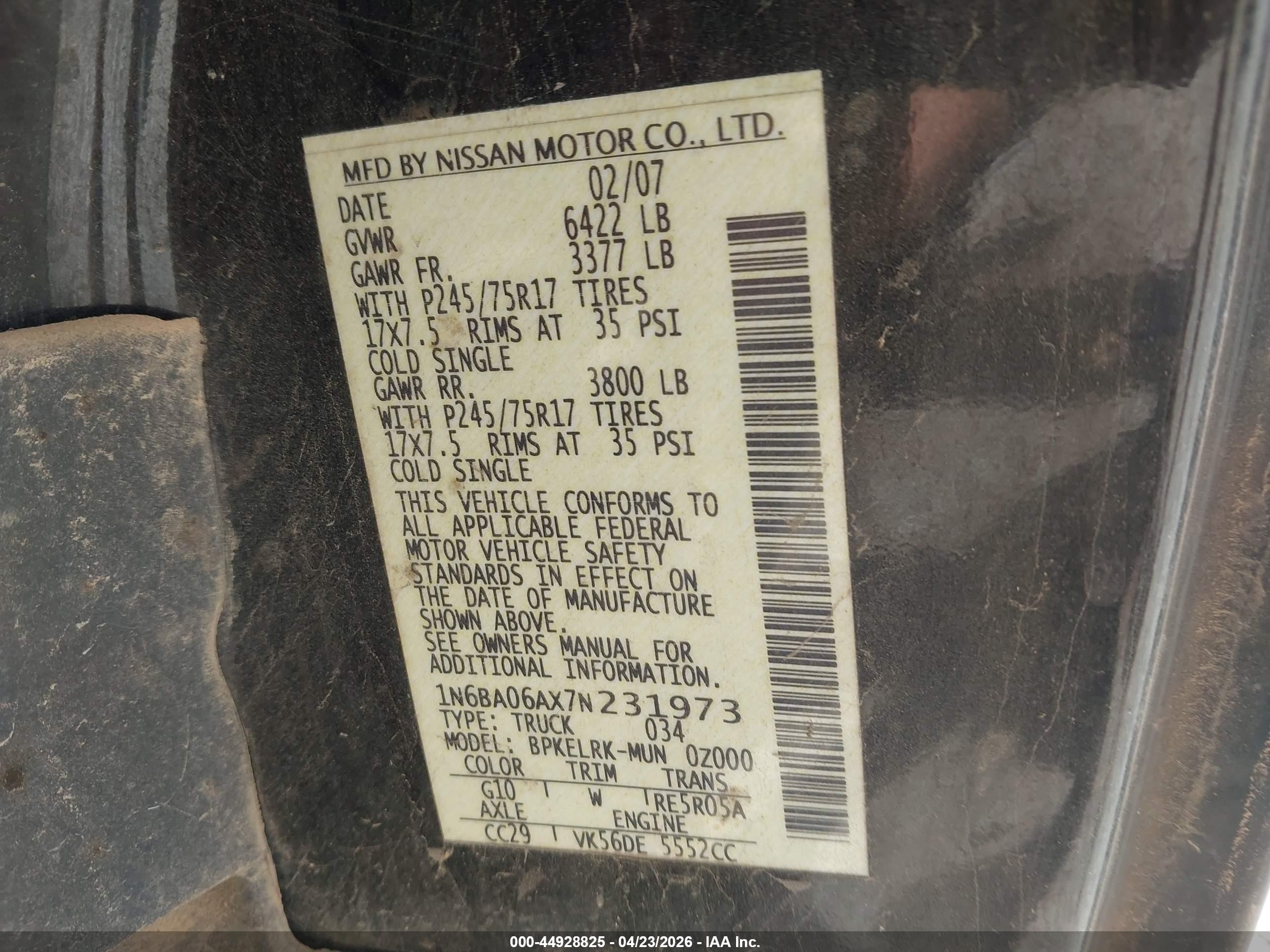 2007 Nissan Titan Xe Black vin: 1N6BA06AX7N231973