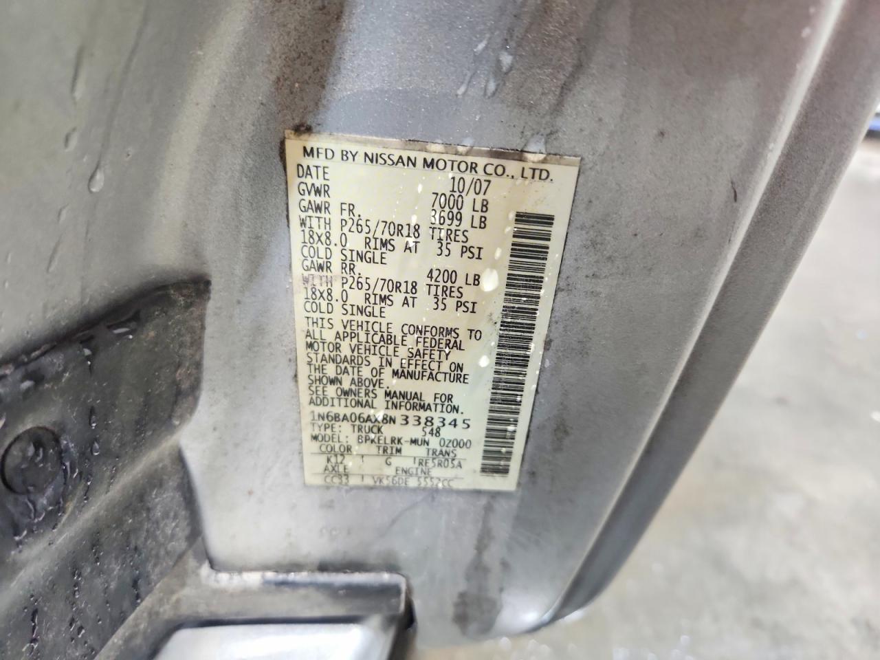 2008 Nissan Titan Xe Ffv Silver vin: 1N6BA06AX8N338345