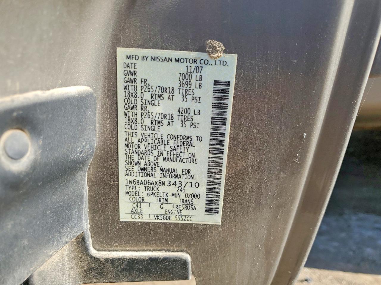 2008 Nissan Titan Xe Ffv Tan vin: 1N6BA06AX8N343710