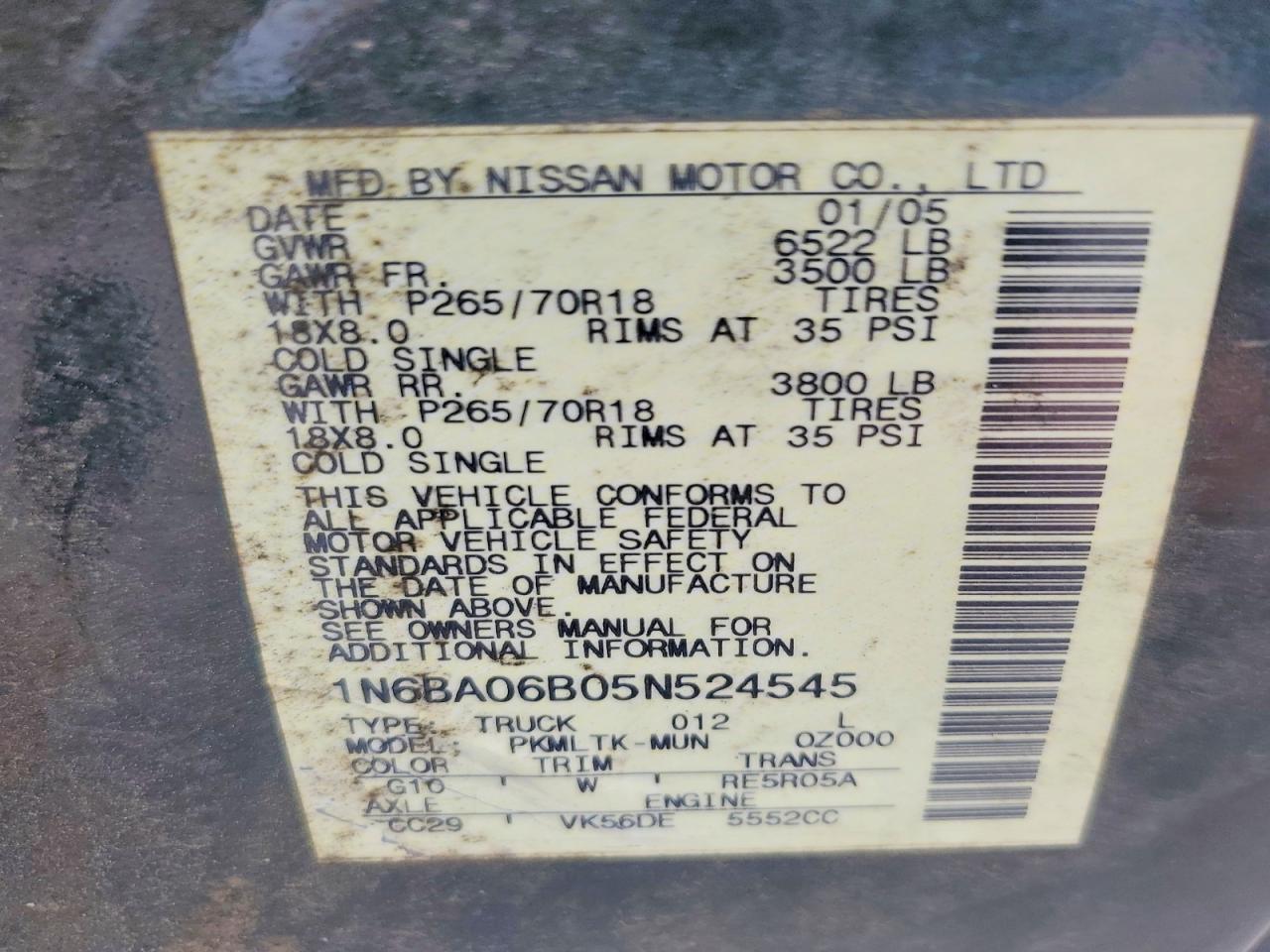 2005 Nissan Titan Xe Black vin: 1N6BA06B05N524545