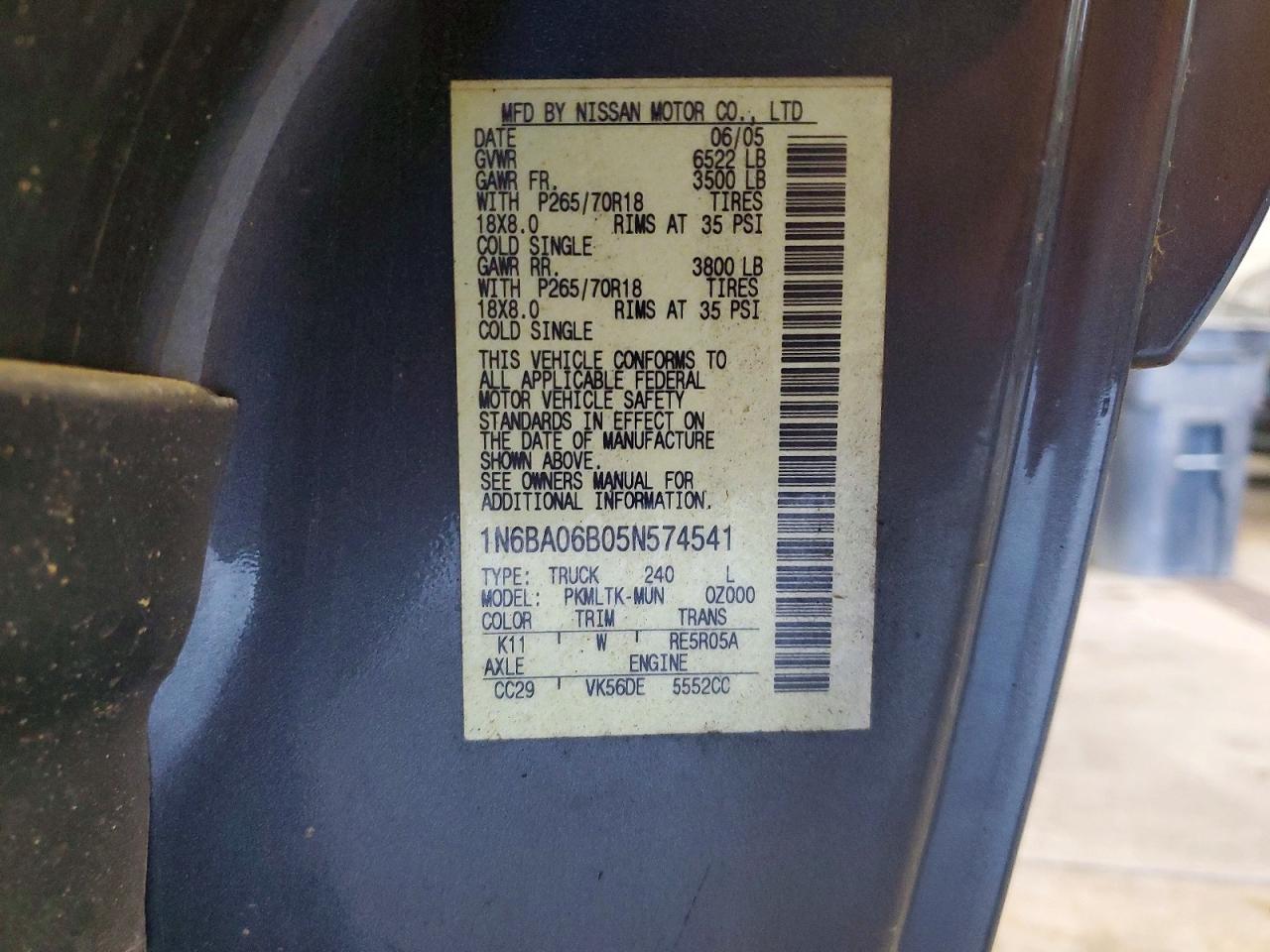2005 Nissan Titan Xe Gray vin: 1N6BA06B05N574541