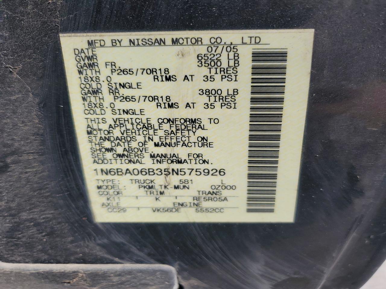 2005 Nissan Titan Xe Charcoal vin: 1N6BA06B35N575926