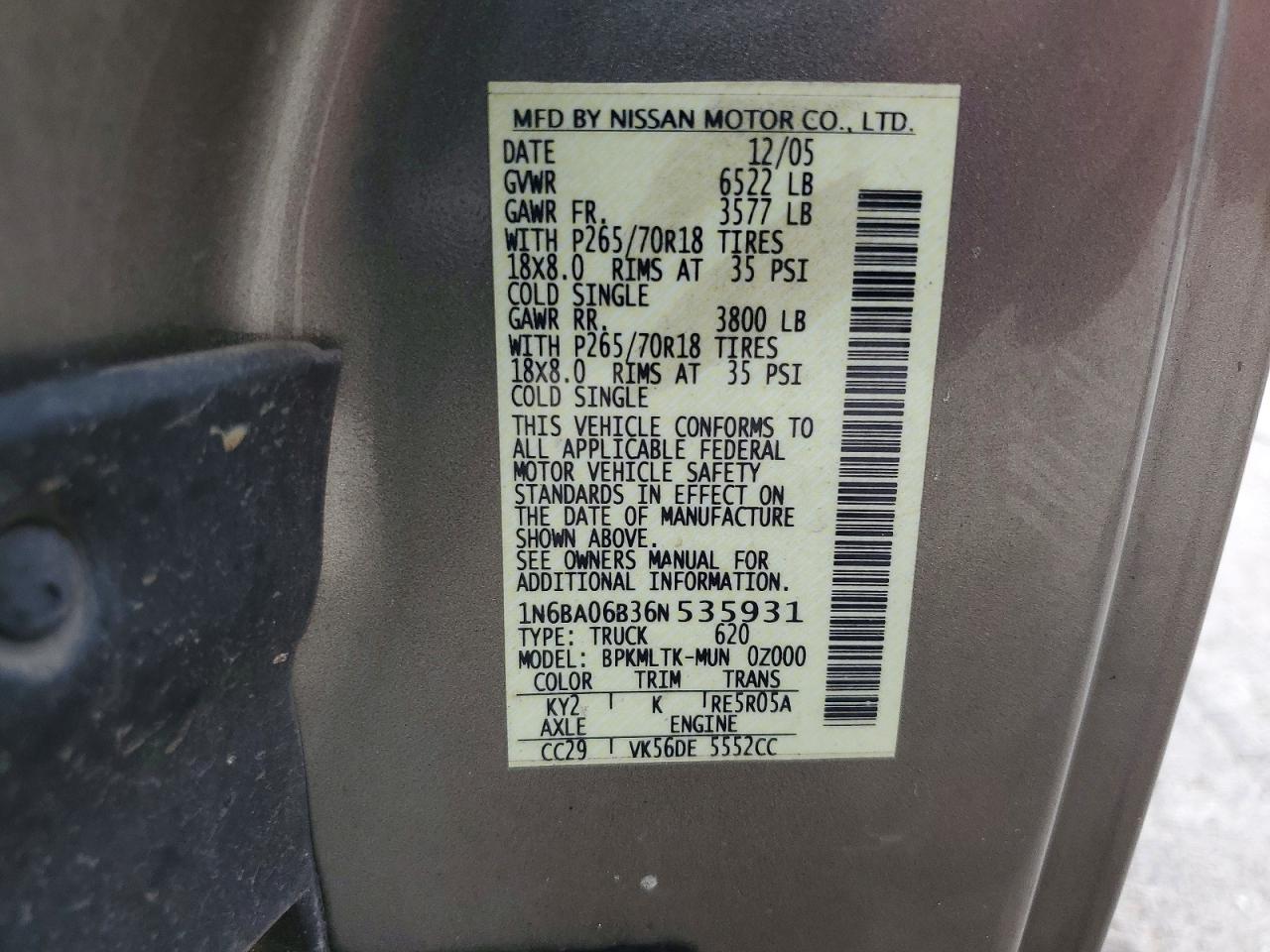 2006 Nissan Titan Xe Ffv Tan vin: 1N6BA06B36N535931