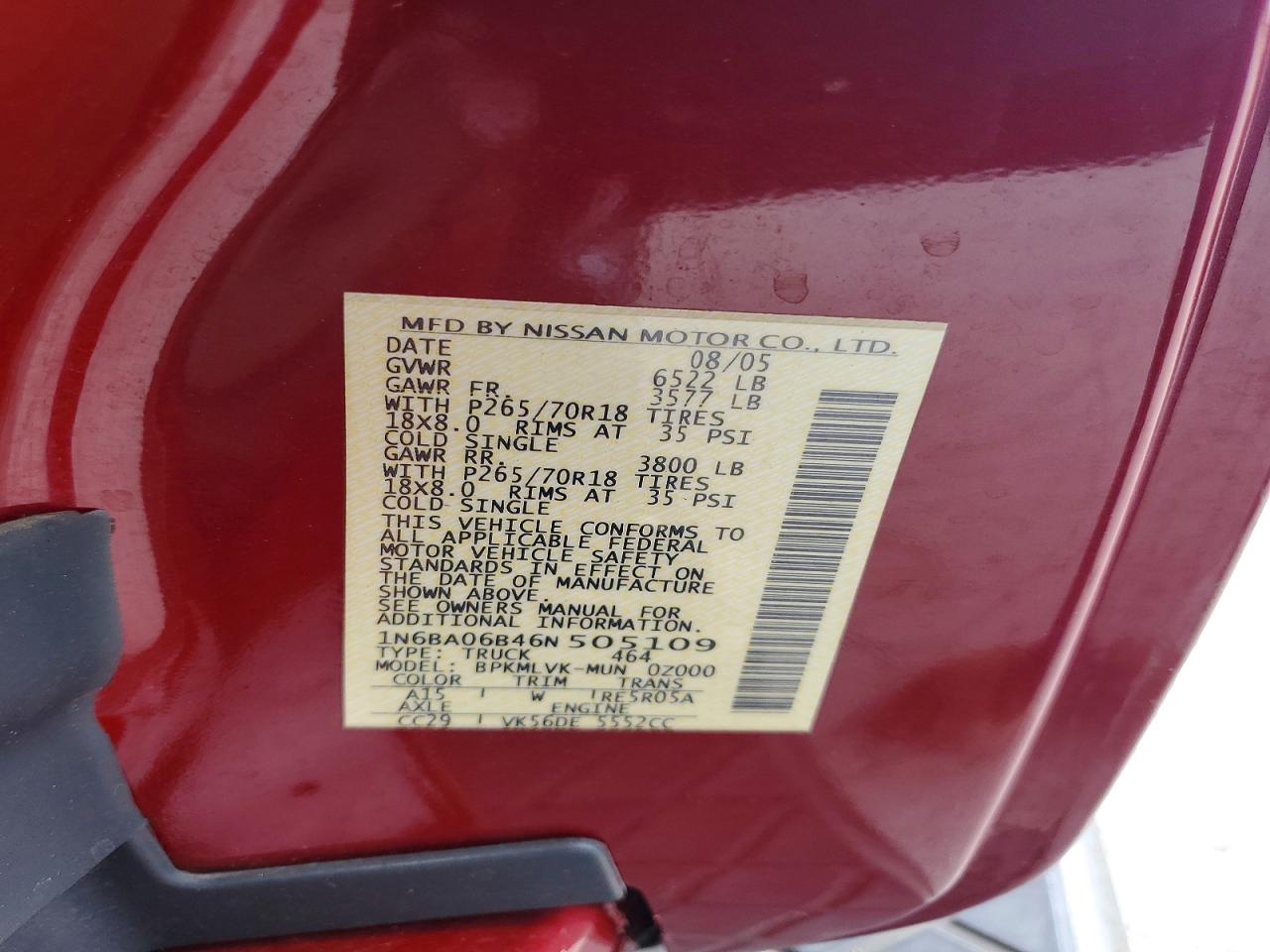 2006 Nissan Titan Xe Ffv Maroon vin: 1N6BA06B46N505109