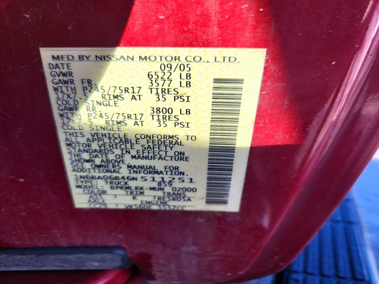 2006 Nissan Titan Xe Ffv Maroon vin: 1N6BA06B46N511251