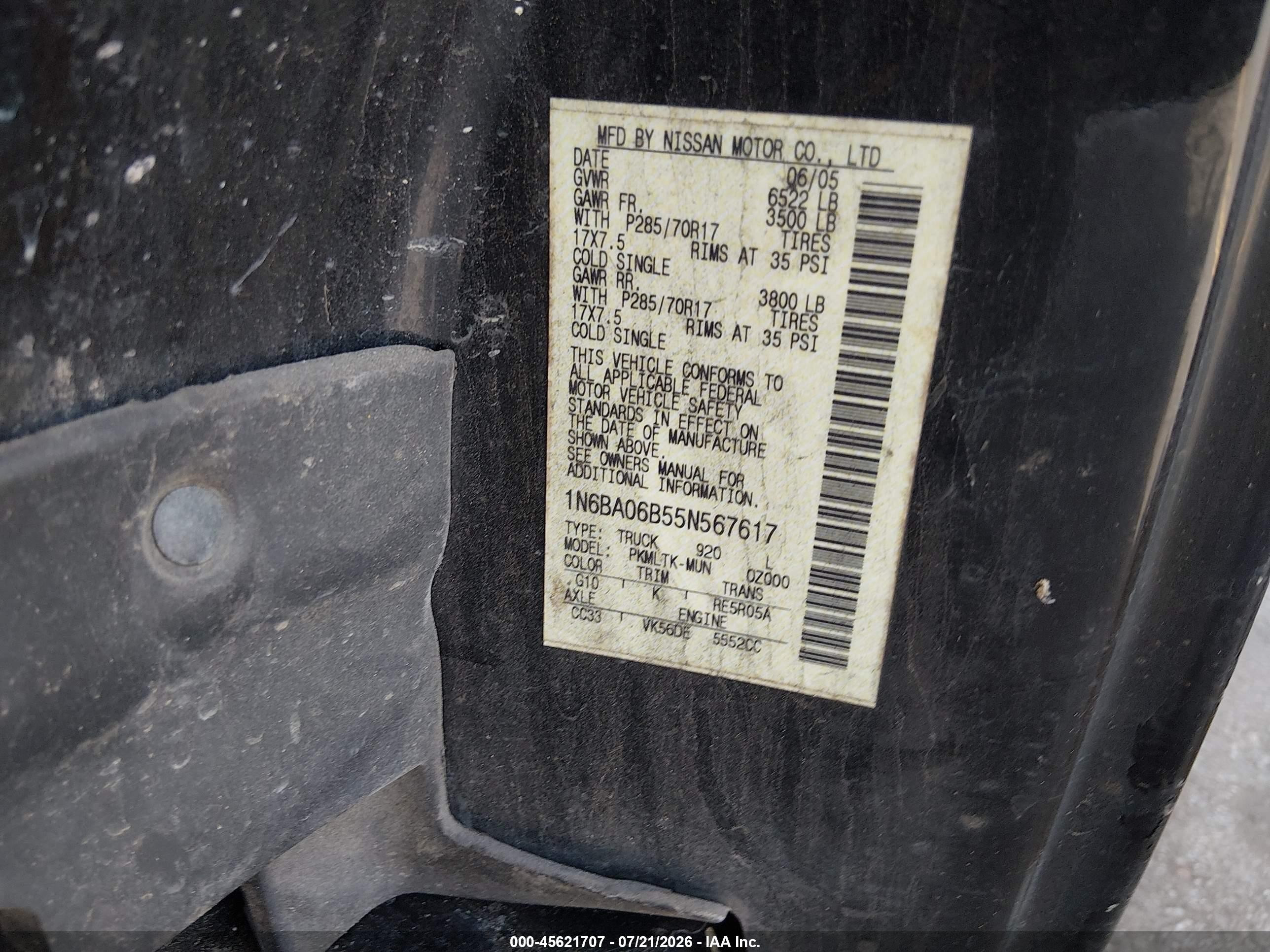 2005 Nissan Titan Se Черный vin: 1N6BA06B55N567617