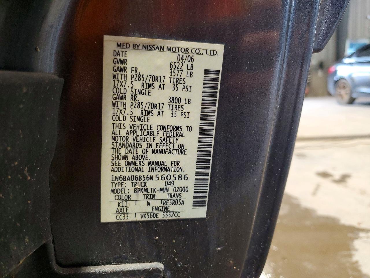 2006 Nissan Titan Xe/se/le Серый vin: 1N6BA06B56N560586