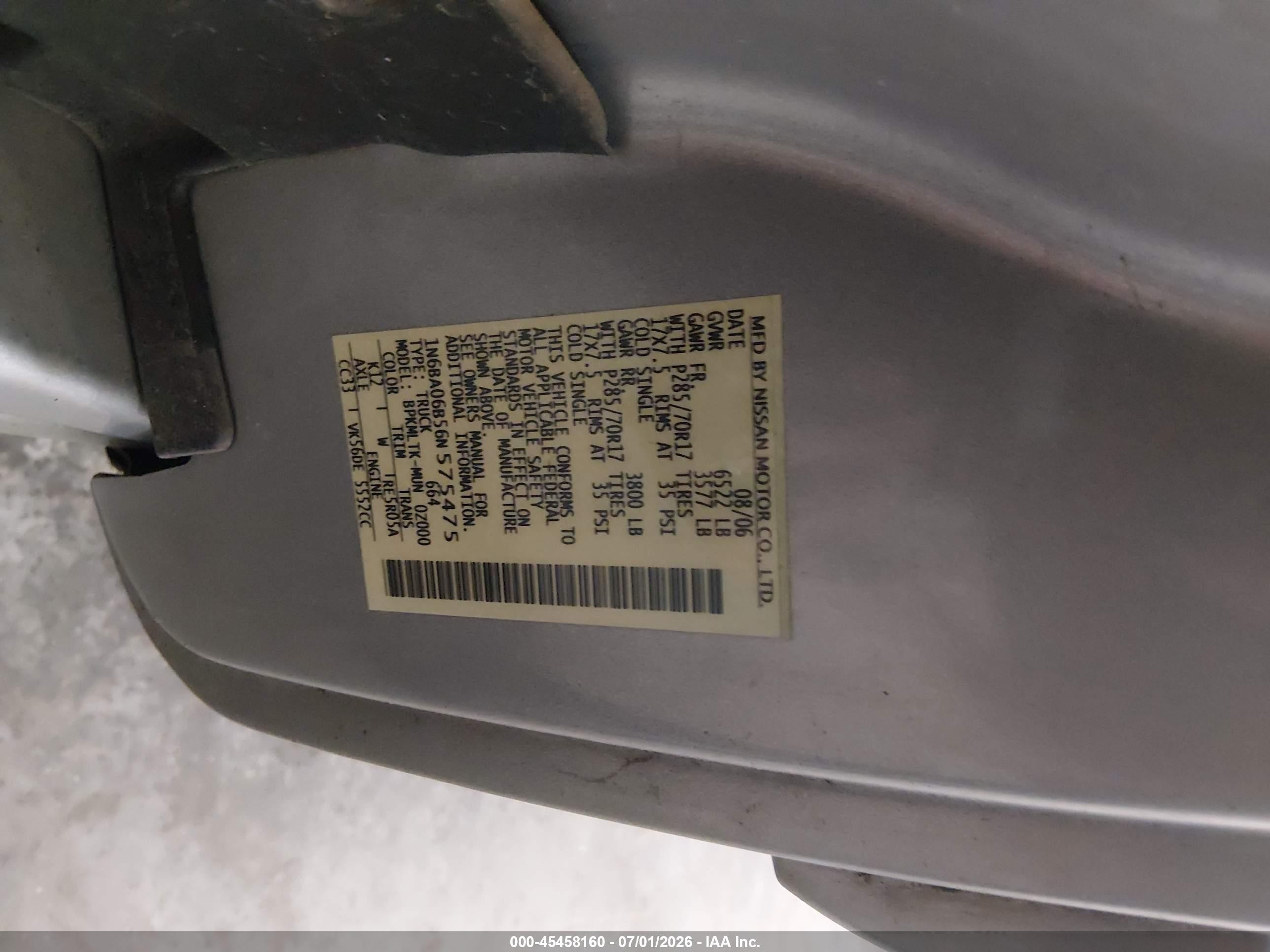 2006 Nissan Titan Se Silver vin: 1N6BA06B56N575475