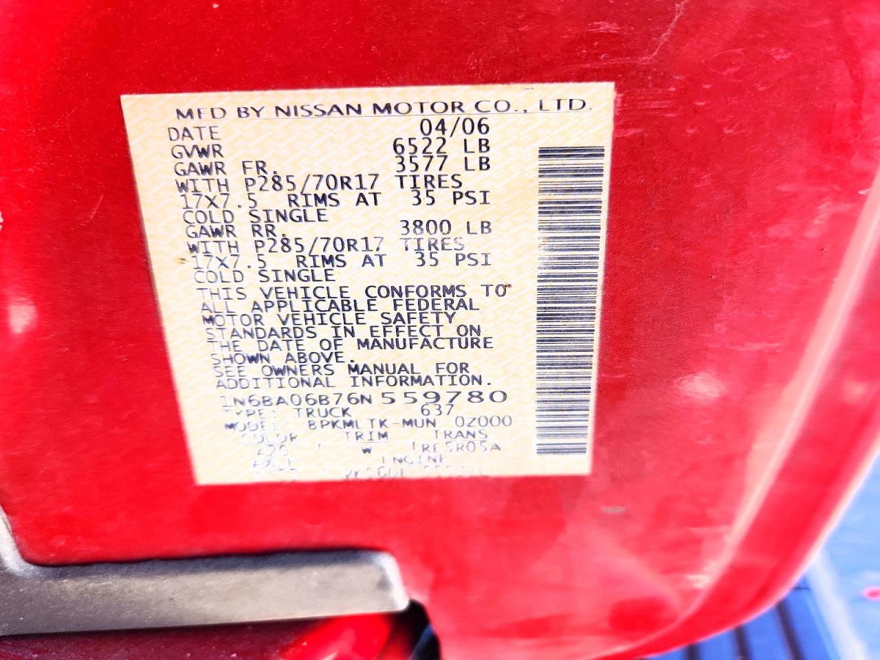2006 Nissan Titan Xe Ffv Red vin: 1N6BA06B76N559780