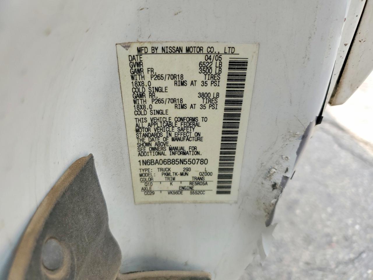 2005 Nissan Titan Xe White vin: 1N6BA06B85N550780