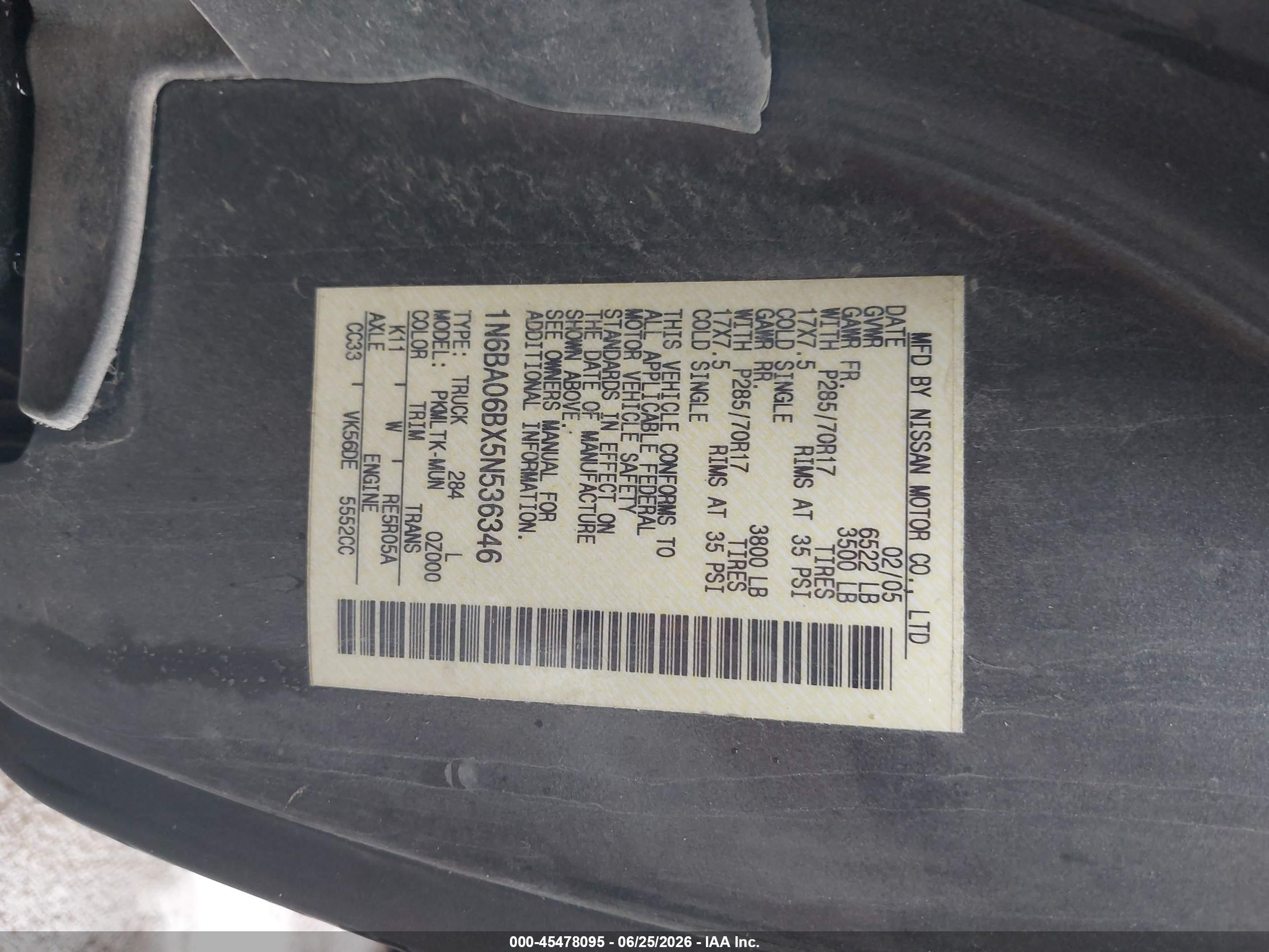 2005 Nissan Titan Se Gray vin: 1N6BA06BX5N536346
