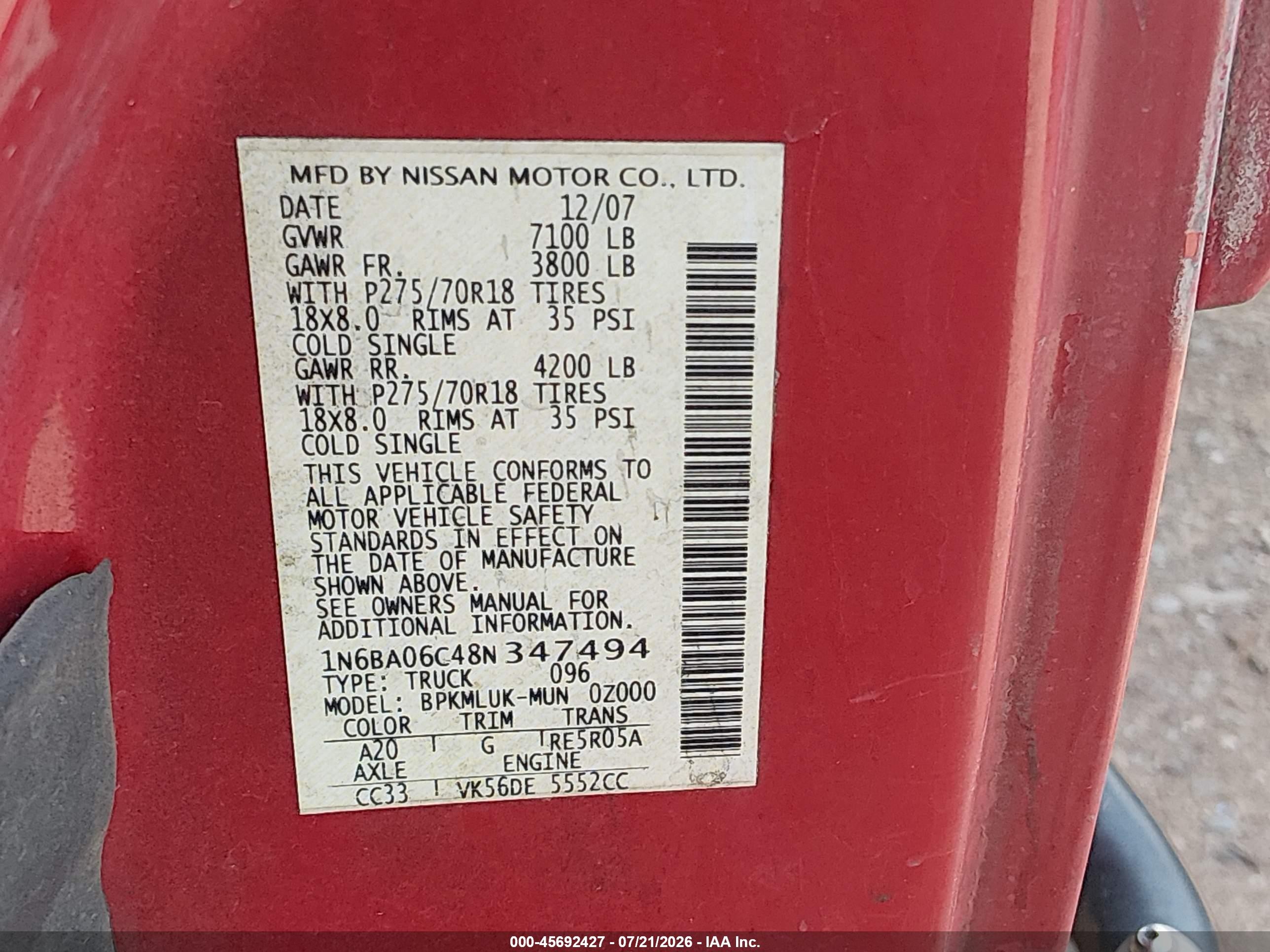2008 Nissan Titan Le/pro-4x/se Red vin: 1N6BA06C48N347494