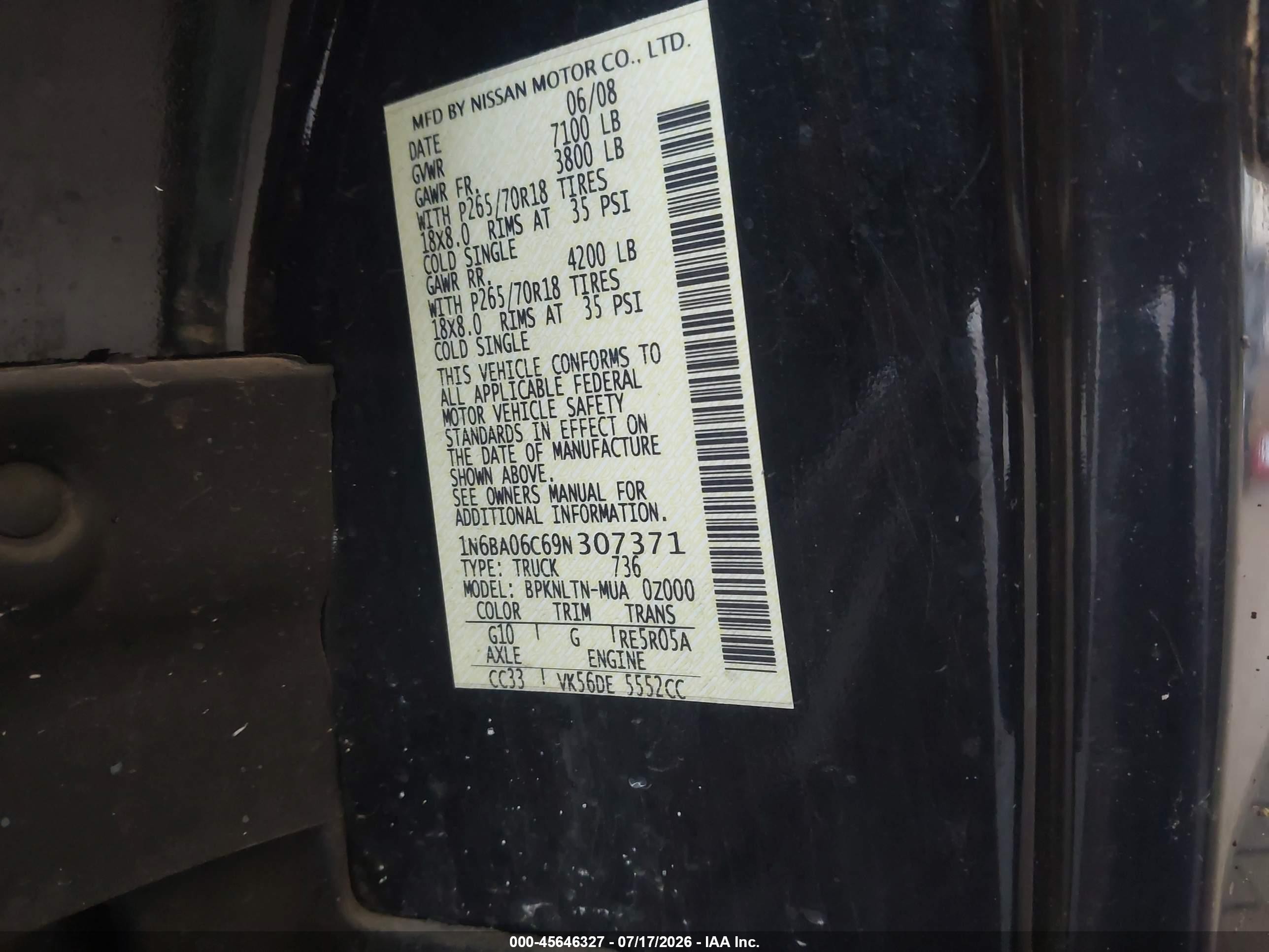 2009 Nissan Titan Se Black vin: 1N6BA06C69N307371
