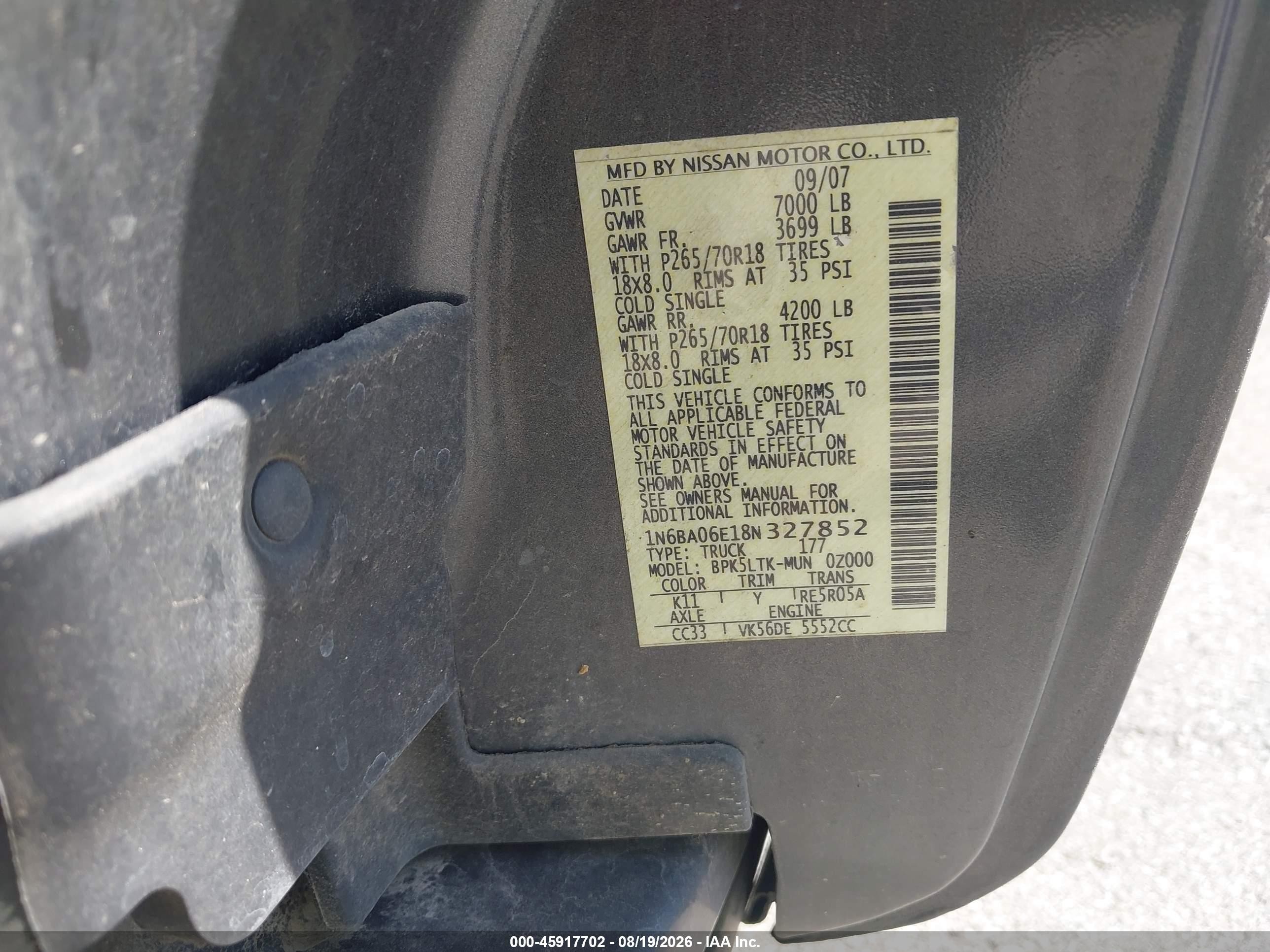 2008 Nissan Titan Se Gray vin: 1N6BA06E18N327852