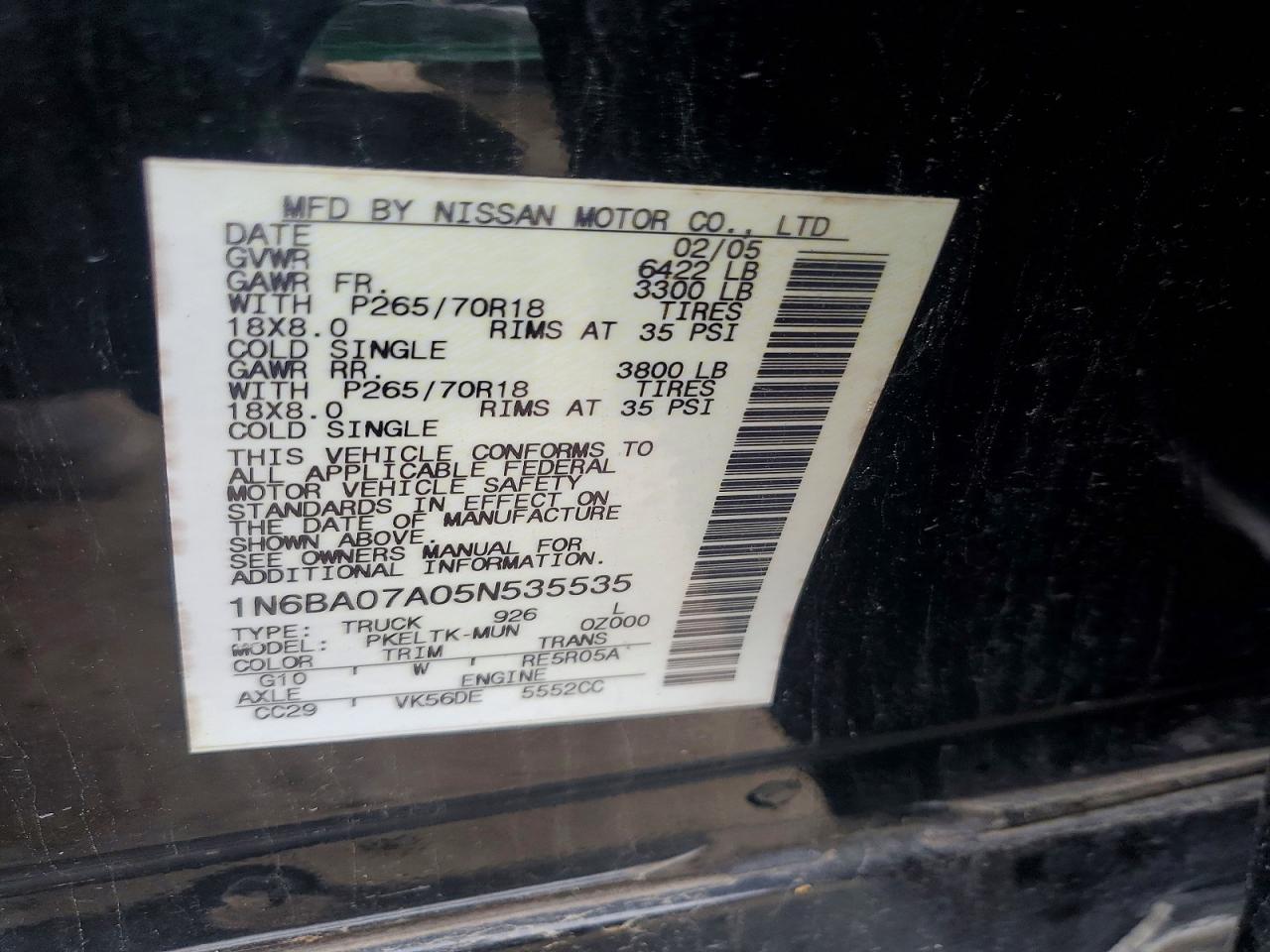 2005 Nissan Titan Xe Black vin: 1N6BA07A05N535535