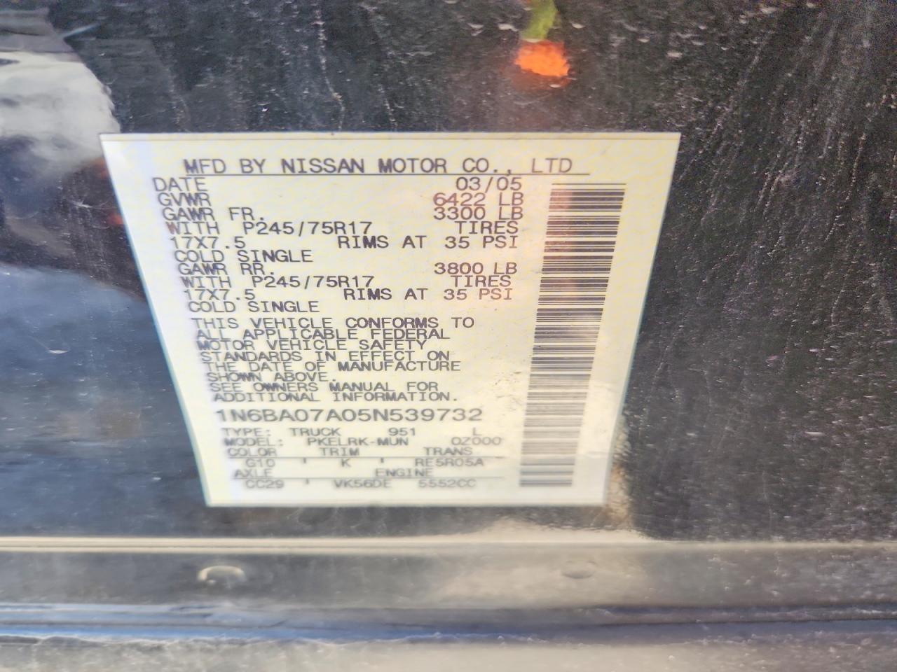 2005 Nissan Titan Xe Black vin: 1N6BA07A05N539732