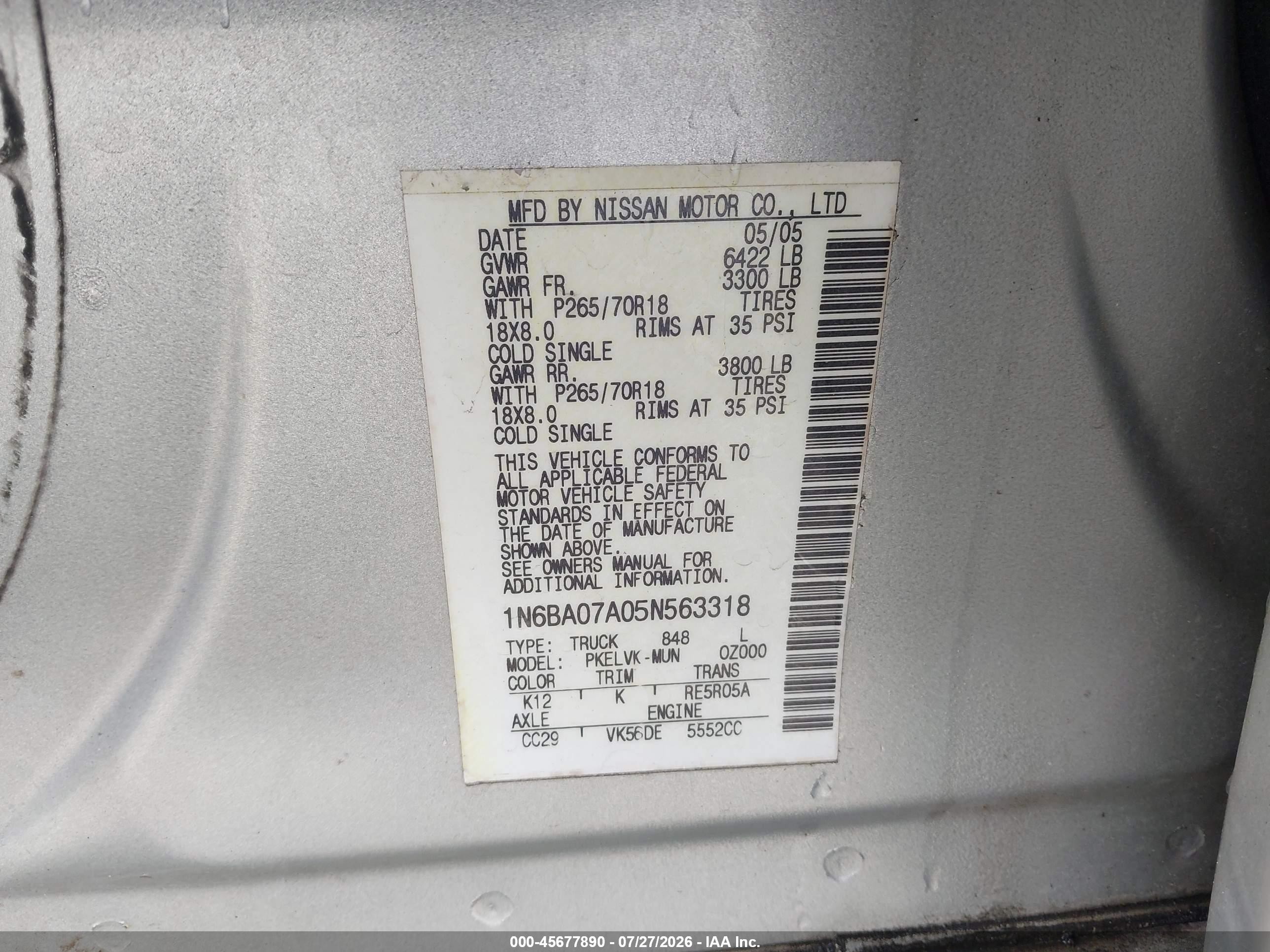2005 Nissan Titan Le Gray vin: 1N6BA07A05N563318