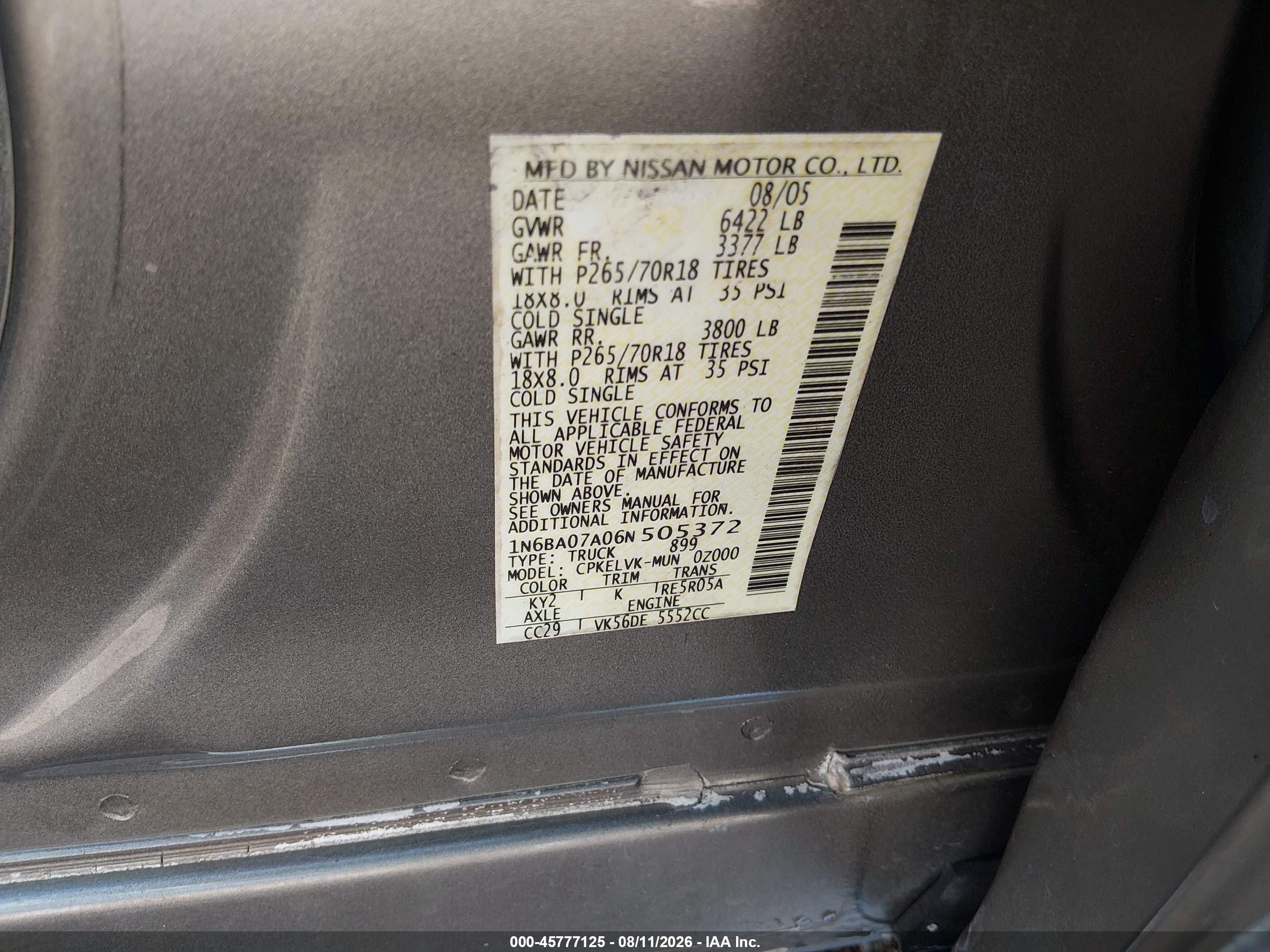 2006 Nissan Titan Le Silver vin: 1N6BA07A06N505372