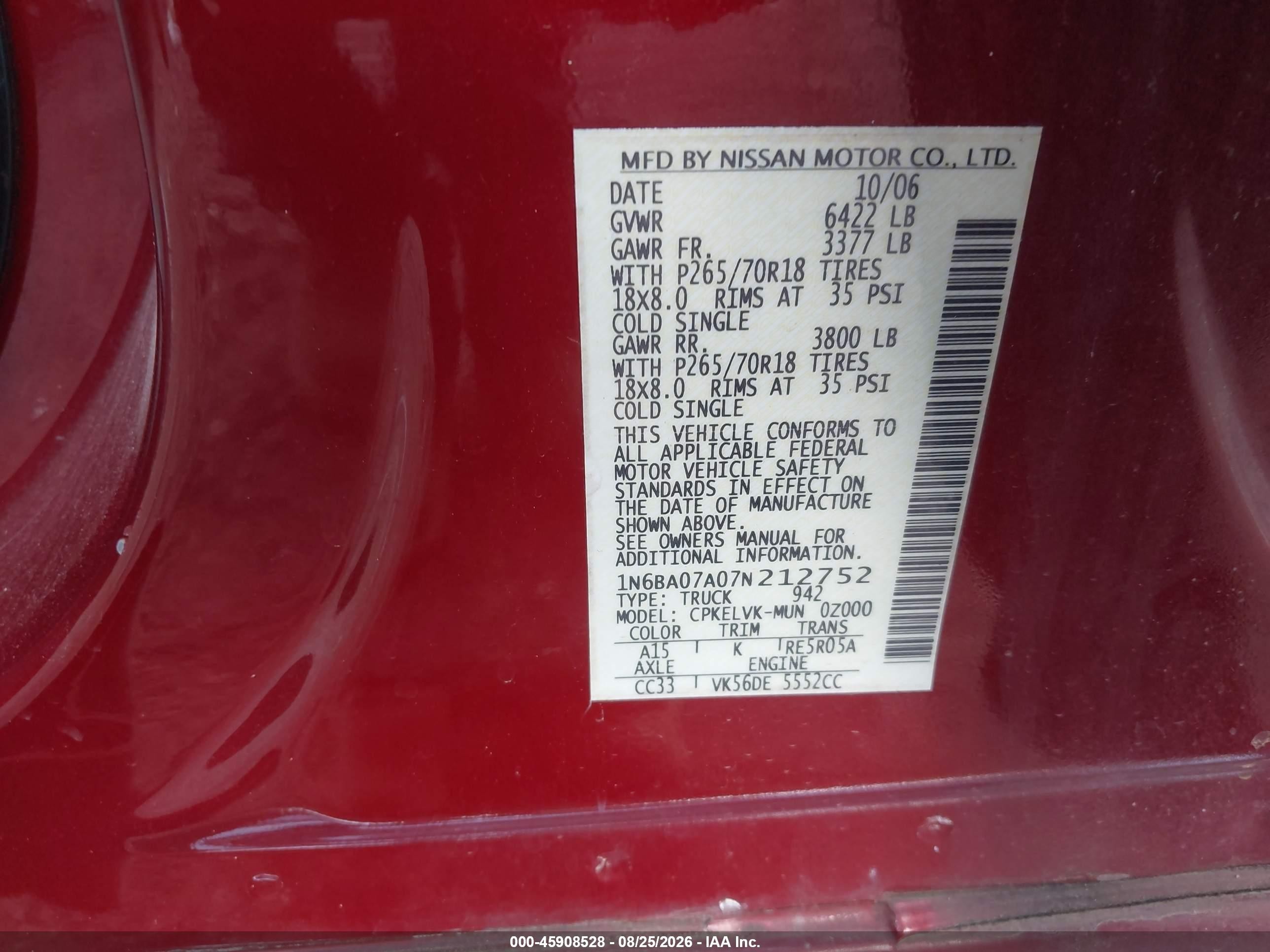 2007 Nissan Titan Le Red vin: 1N6BA07A07N212752