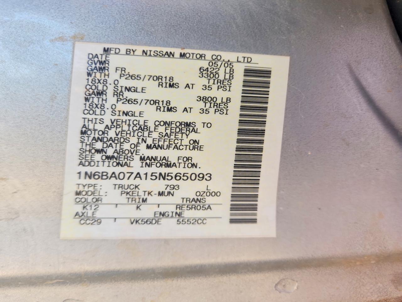 2005 Nissan Titan Xe Silver vin: 1N6BA07A15N565093