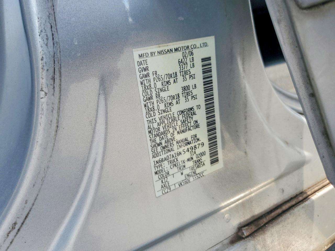 2006 Nissan Titan Xe Ffv Silver vin: 1N6BA07A16N549879