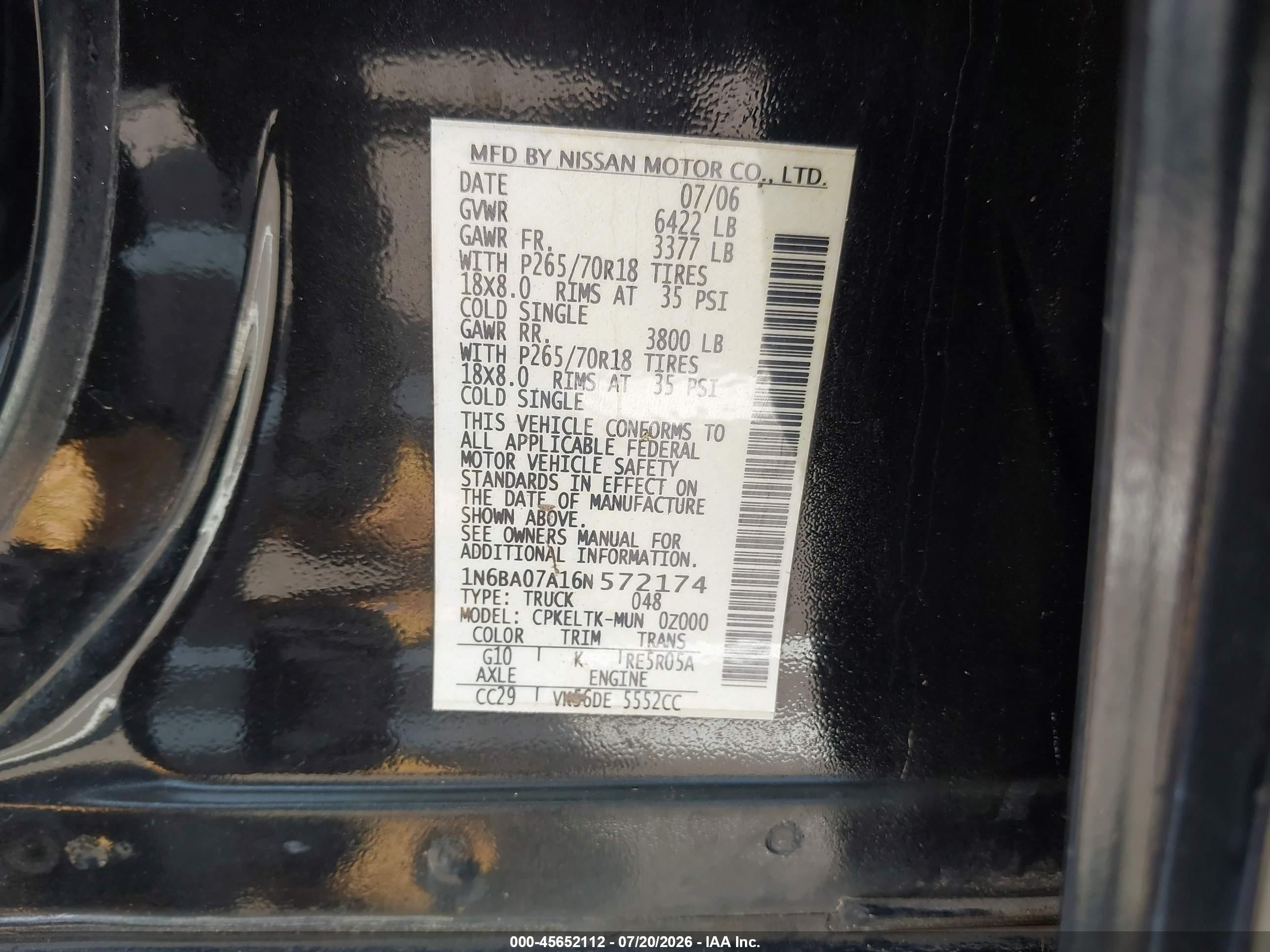 2006 Nissan Titan Se Black vin: 1N6BA07A16N572174