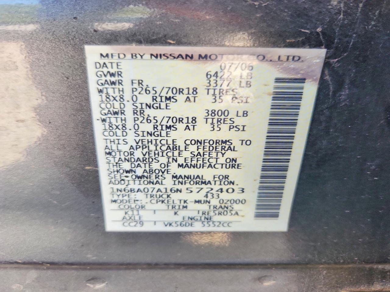 2006 Nissan Titan Xe Ffv Серый vin: 1N6BA07A16N572403