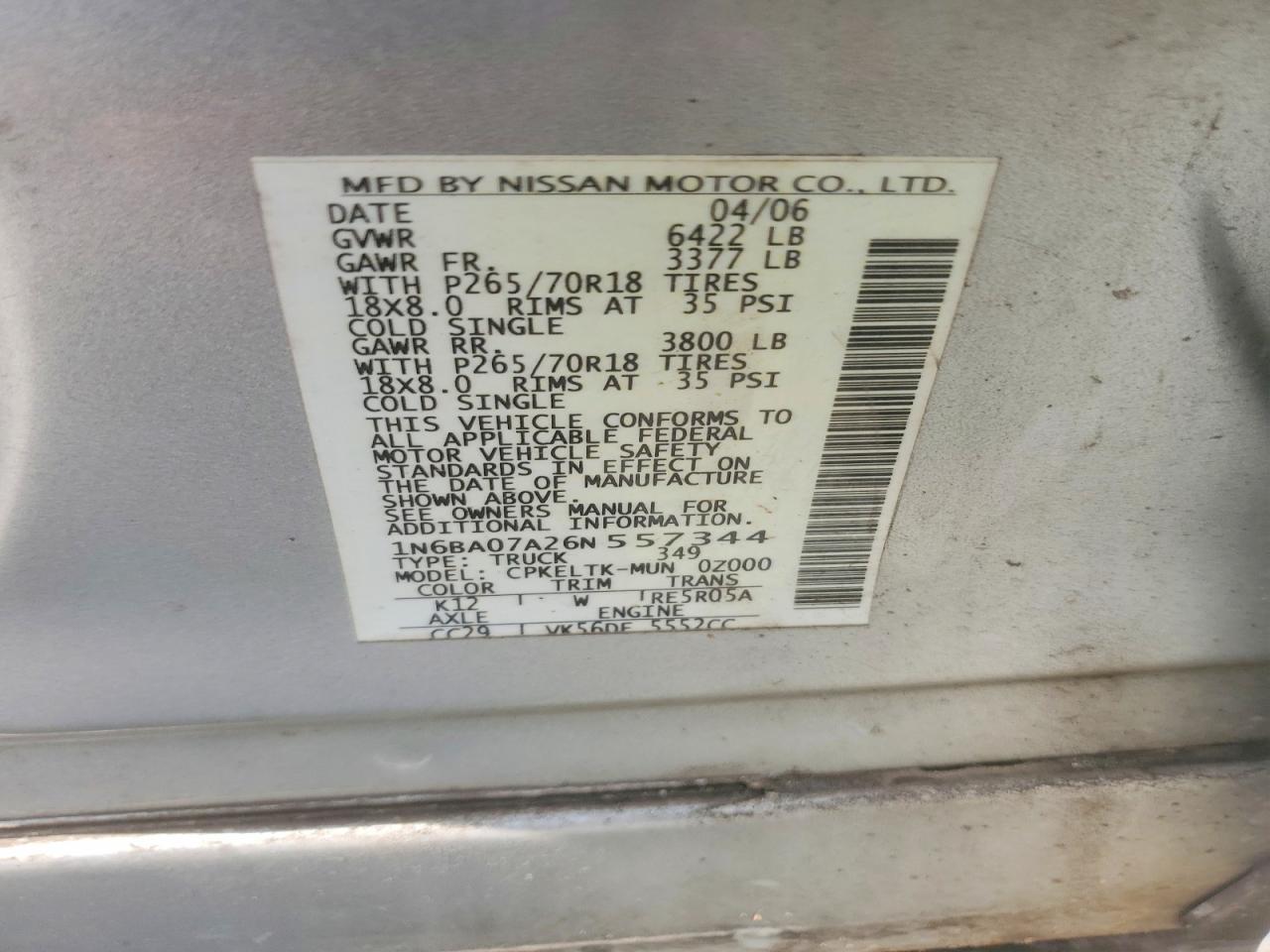 2006 Nissan Titan Xe Ffv Silver vin: 1N6BA07A26N557344