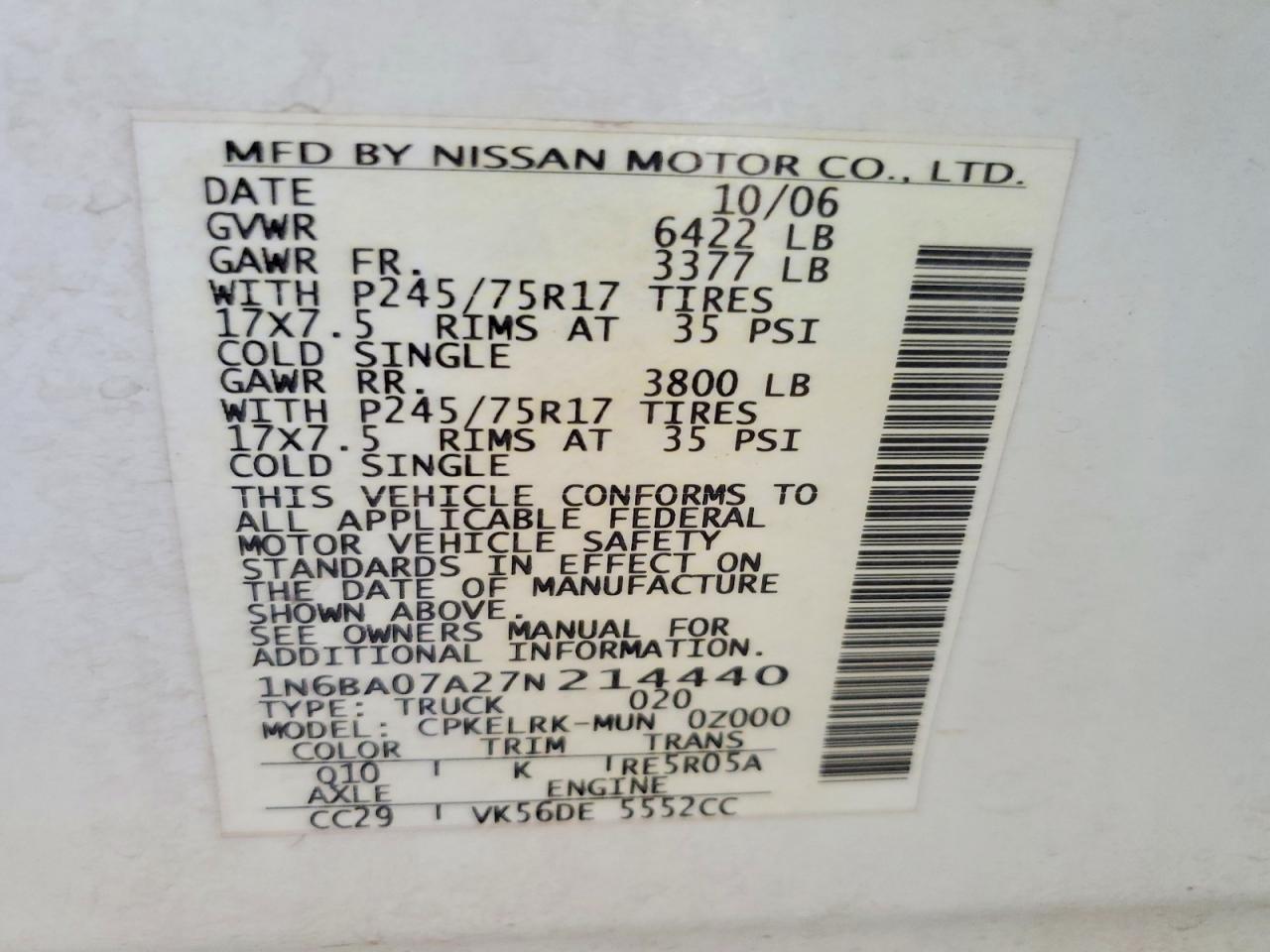 2007 Nissan Titan Xe Ffv White vin: 1N6BA07A27N214440