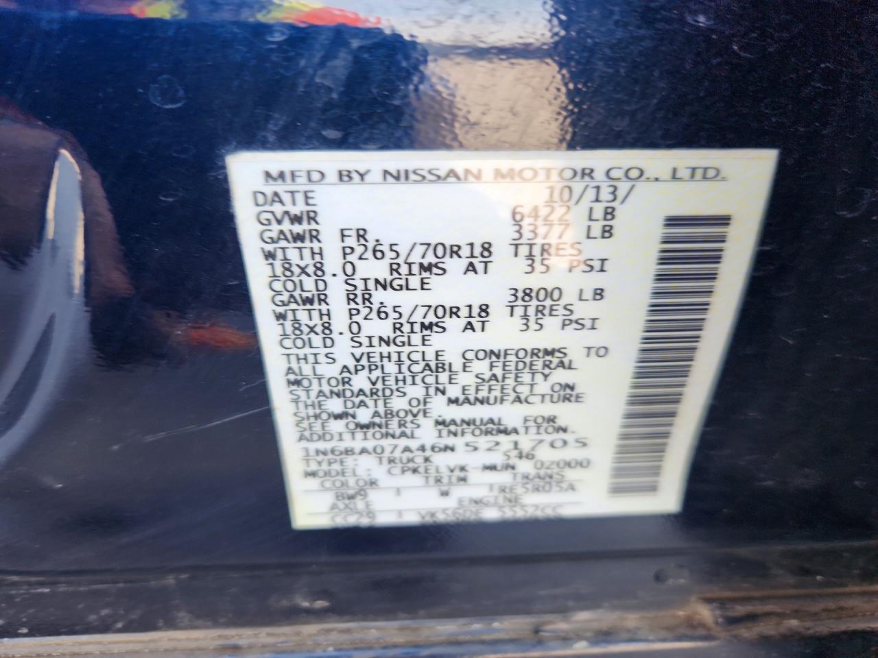 2006 Nissan Titan Xe Ffv Blue vin: 1N6BA07A46N521705