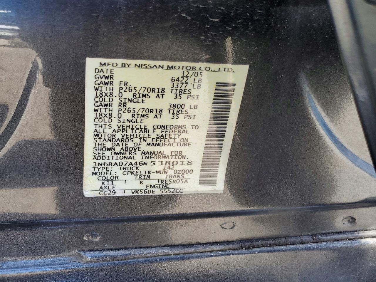 2006 Nissan Titan Xe Ffv Gray vin: 1N6BA07A46N538018
