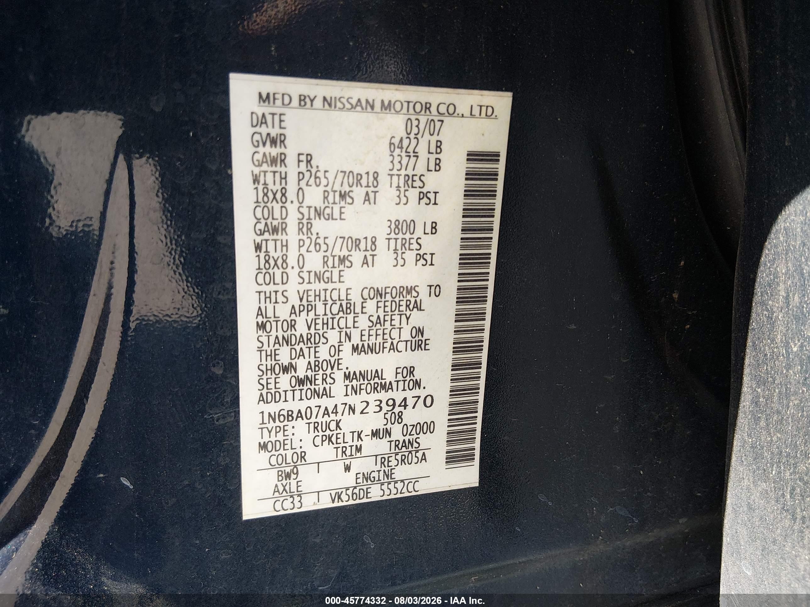 2007 Nissan Titan Se Blue vin: 1N6BA07A47N239470