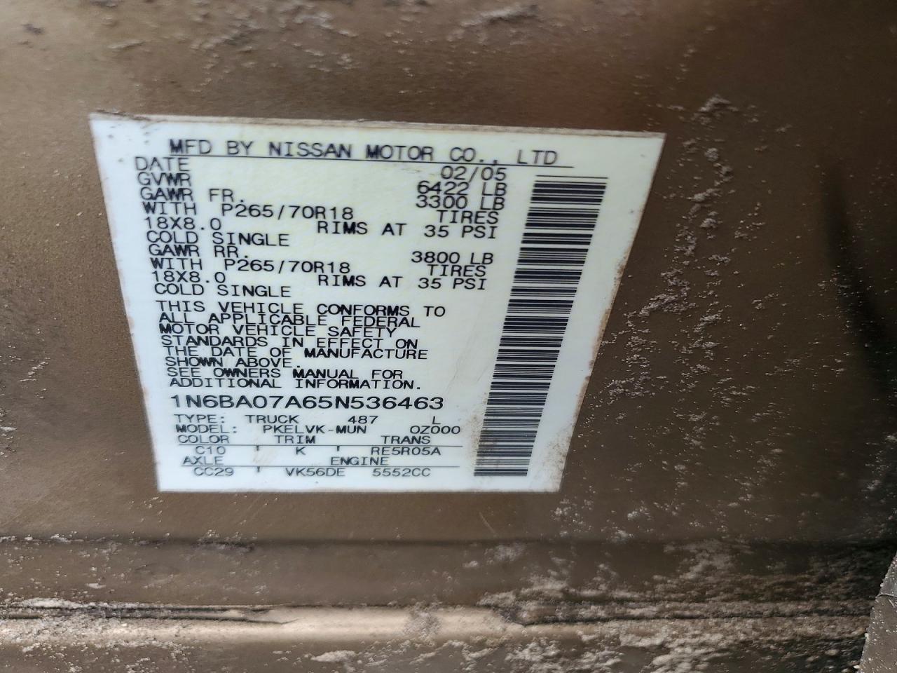 2005 Nissan Titan Xe Tan vin: 1N6BA07A65N536463